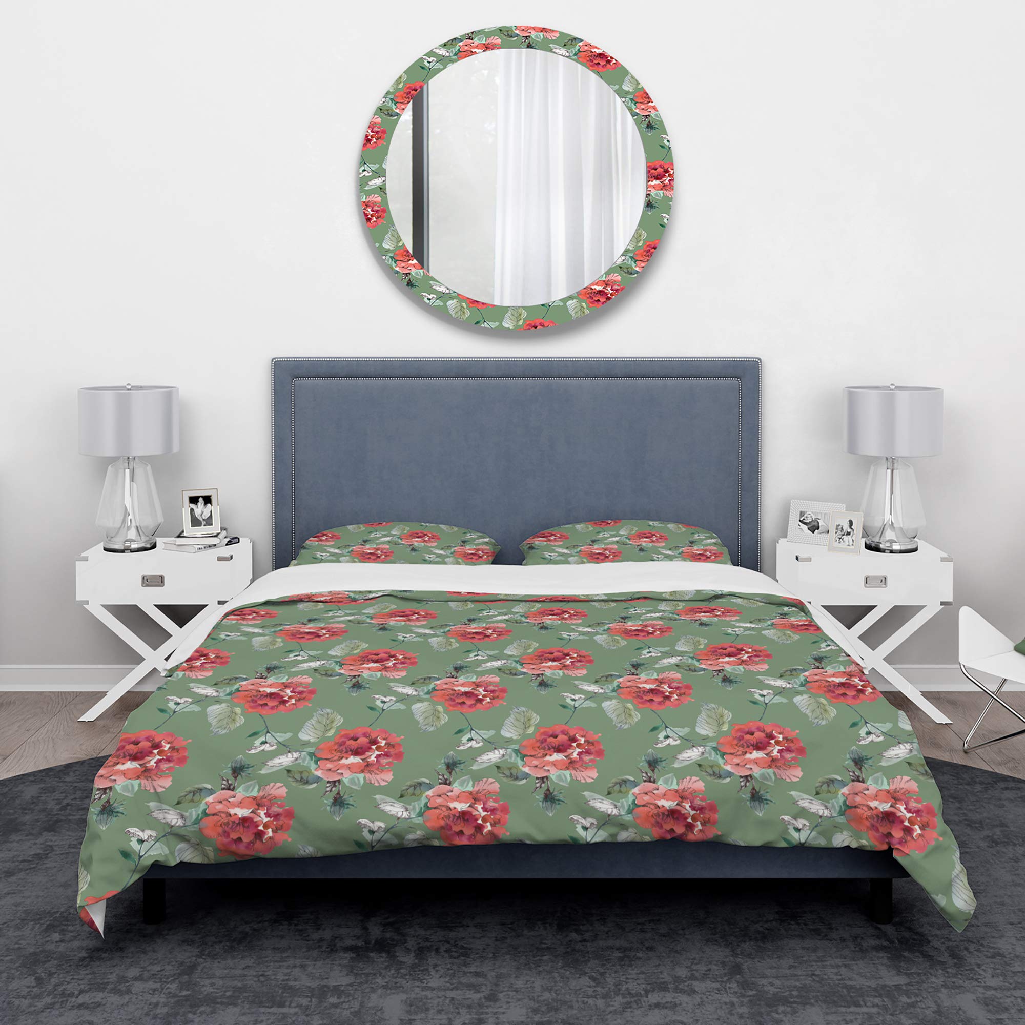 Nautical Floral Duvet Cover Set King - Red Rose & Green Coastal Design for All Seasons