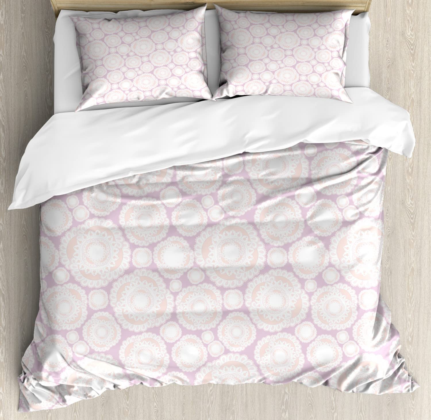 Ambesonne Mandala Duvet Cover Set - King Size 2-Piece Bohemian Bedding with 4 Pillowcases, Traditional Eastern Design in Pale Peach & White | Perfect for Boho Chic Bedrooms & Meditation Spaces