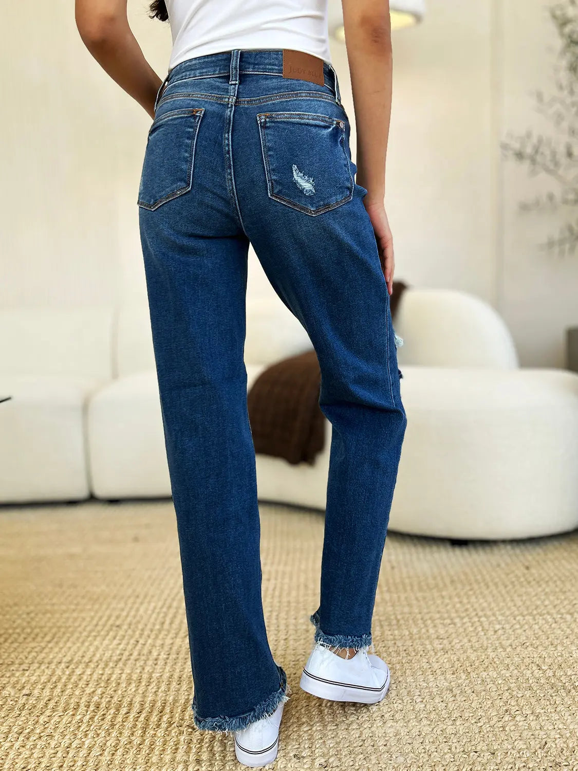 Judy Blue Women's Mid Rise Distressed Raw Hem Jeans - Comfortable Stretch Denim for Casual Wear & Everyday Outfits
