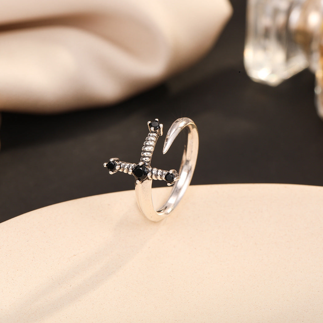 Personalized Minimalist Black CZ Sword Ring for Men & Women - Gothic Jewelry for Everyday Wear, Cosplay, and Gift Giving