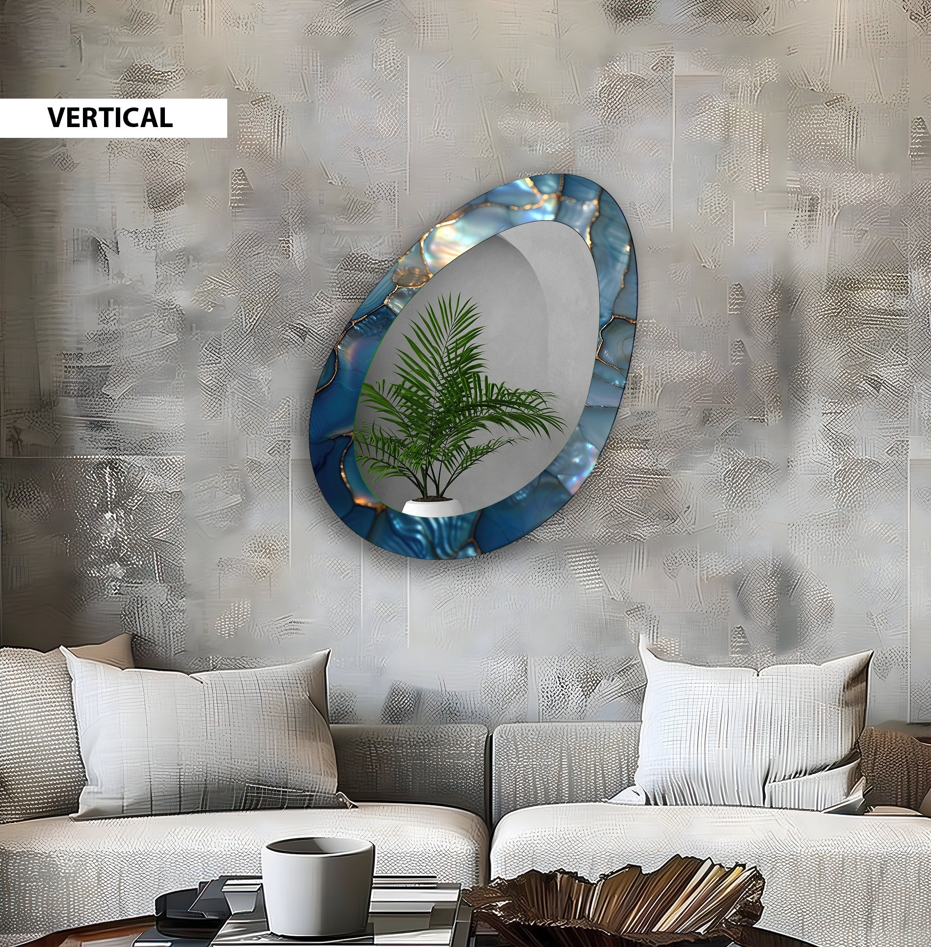 Blue Metallic Abstract Wall Mirror - Modern Decorative Mirror for Living Room, Bedroom & Entryway - Stylish Home Decor & Interior Design Accent