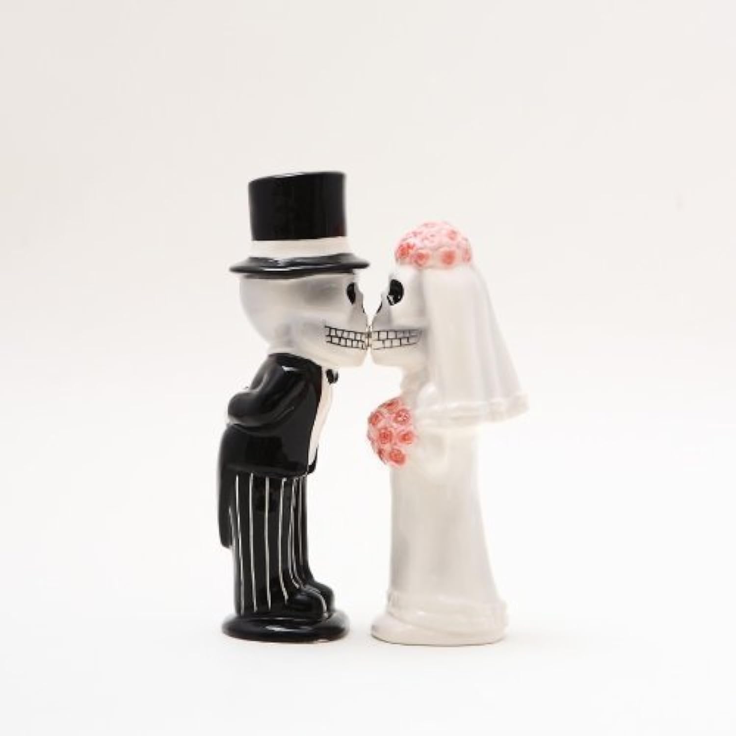 Wedding Skeleton Bride & Groom Ceramic Magnetic Salt and Pepper Shakers Set - Unique Gothic Couple Seasoning Dispensers for Halloween, Gothic Weddings & Dark Theme Kitchen Decor