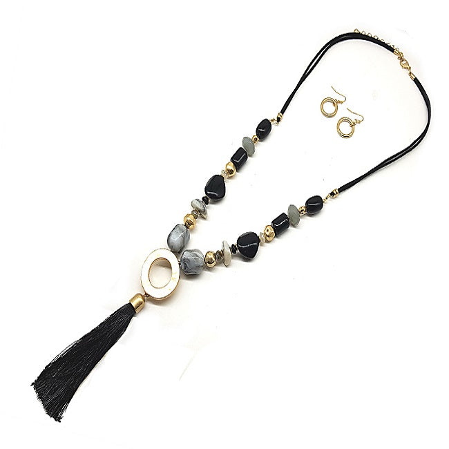 Black Beaded Necklace Set with Tassel - Bohemian Style Jewelry for Women, Perfect for Parties, Weddings & Everyday Wear