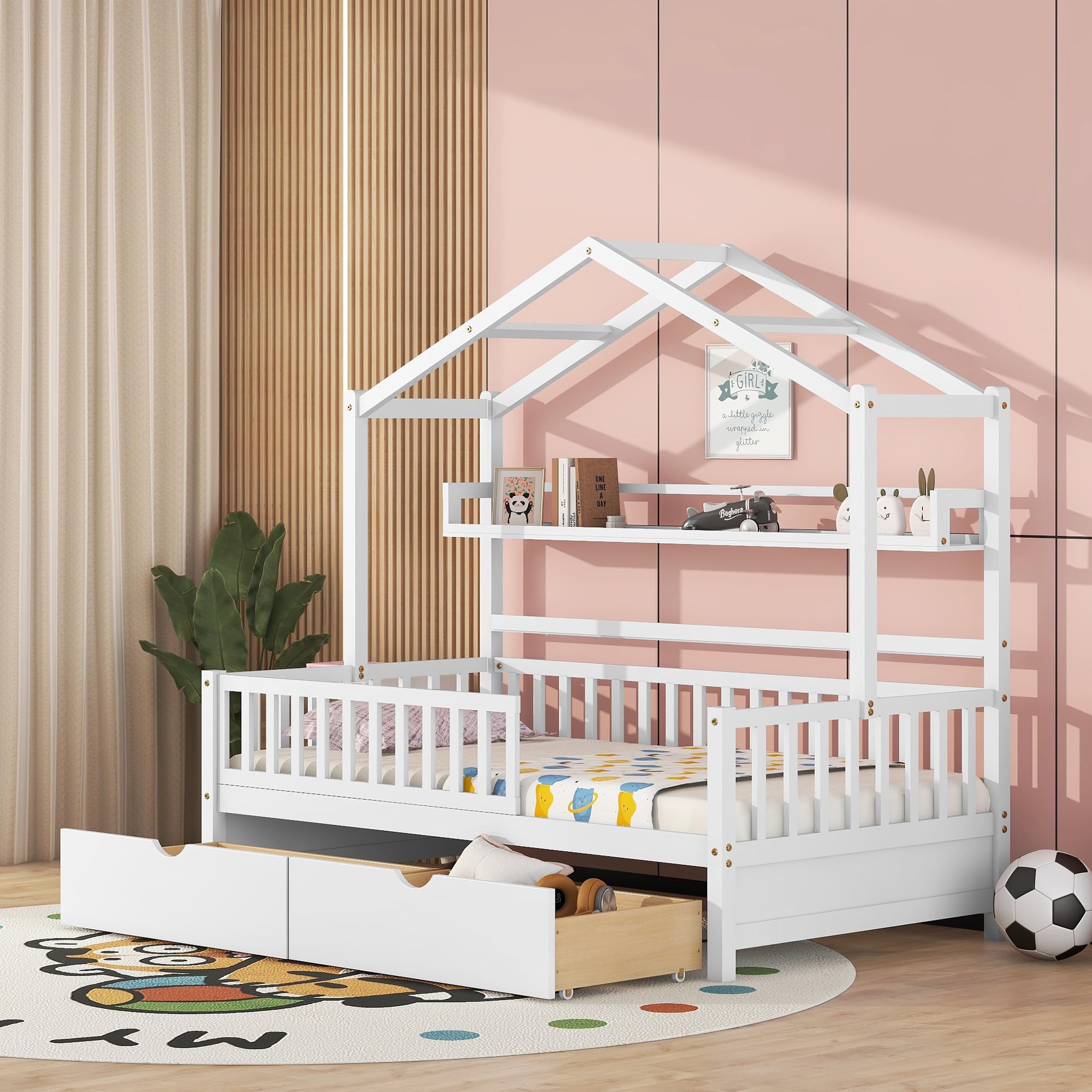 **Wooden Twin Size House Bed with 2 Drawers & Storage Shelf - Kids & Teens Bedroom Furniture for Boys & Girls - Perfect for Small Spaces, Playrooms & Cozy Bedrooms (Twin, White)**