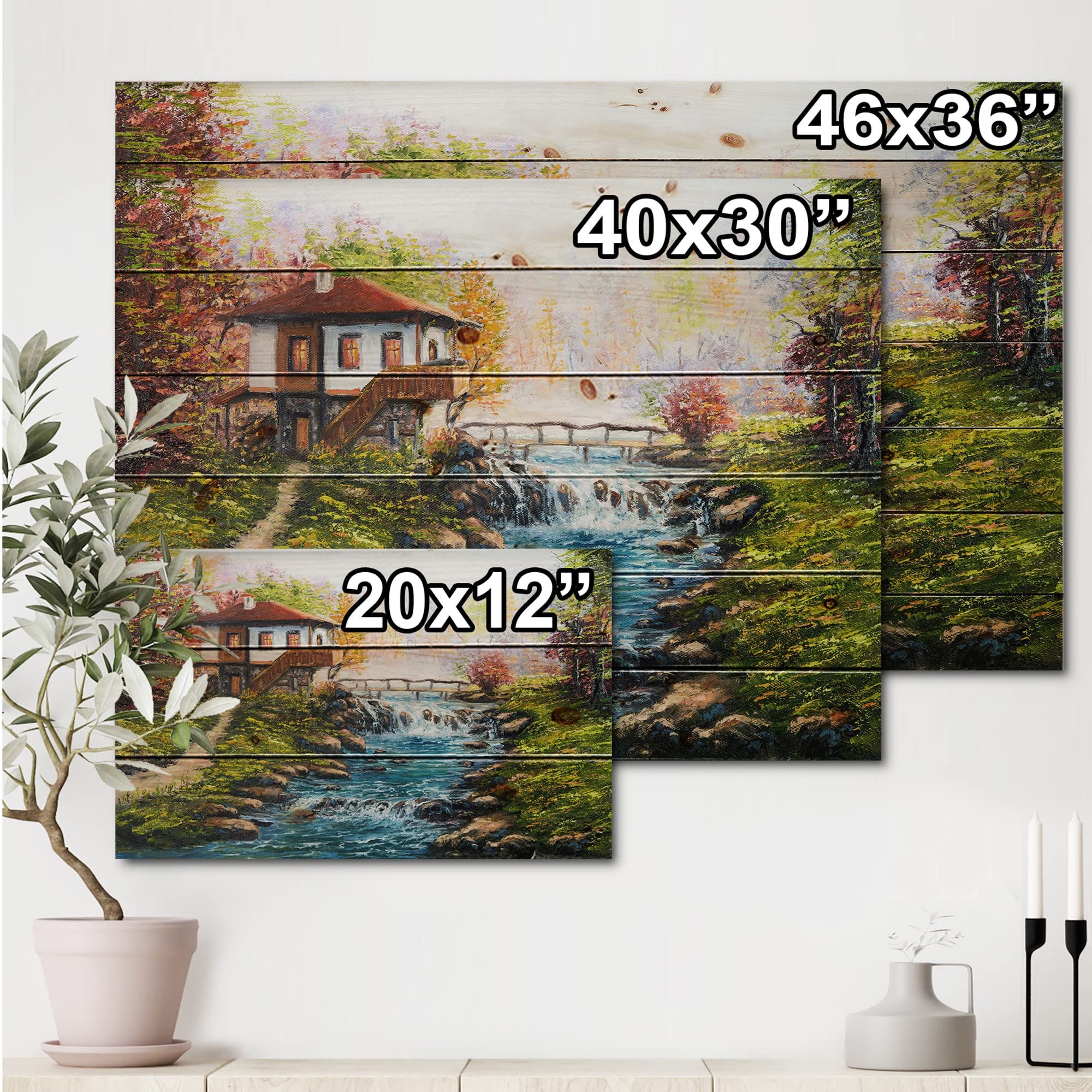 Traditional Bulgarian House & River Lake Wood Wall Decor - Blue Landscape Art Panel Printed on Natural Pine Wood - Perfect for Living Room, Bedroom & Office Decor