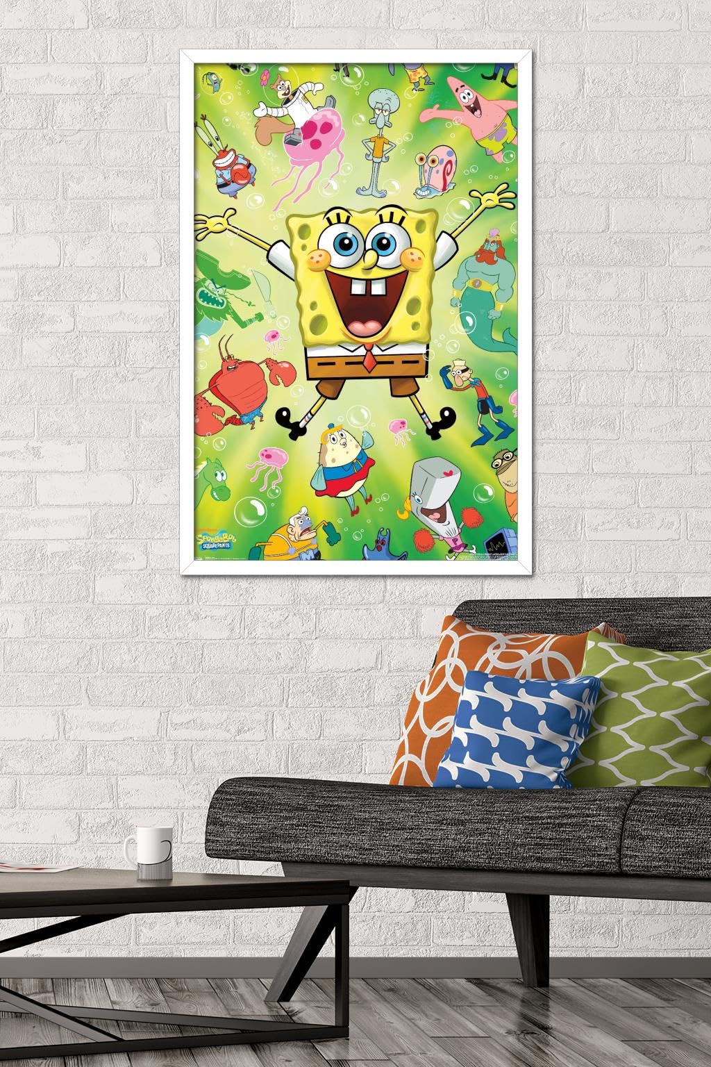 Trends International Nickelodeon SpongeBob SquarePants Burst Wall Poster - 22.375 x 34 Inches, White Framed Version - Perfect for Kids' Room Decor, Game Room, and Cartoon Lover Gifts