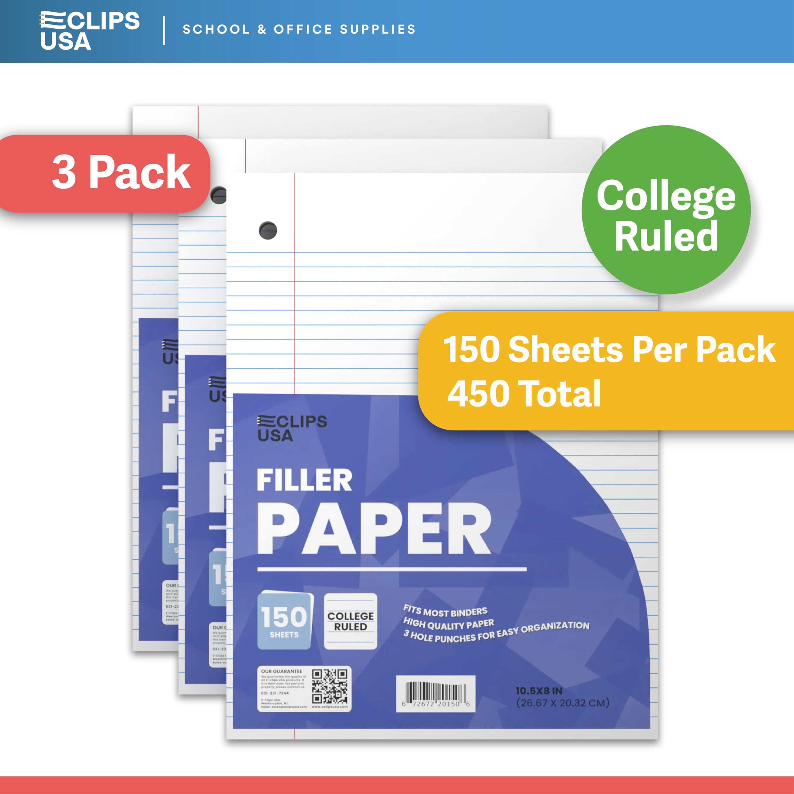 College Ruled Notebook Paper 10.5 x 8 Inches - 56 GSM Filler Paper, 150 Sheets per Pack (3 Packs, 450 Total Sheets) for School, Office & Note Taking - Loose Leaf Paper for Binders & Journals