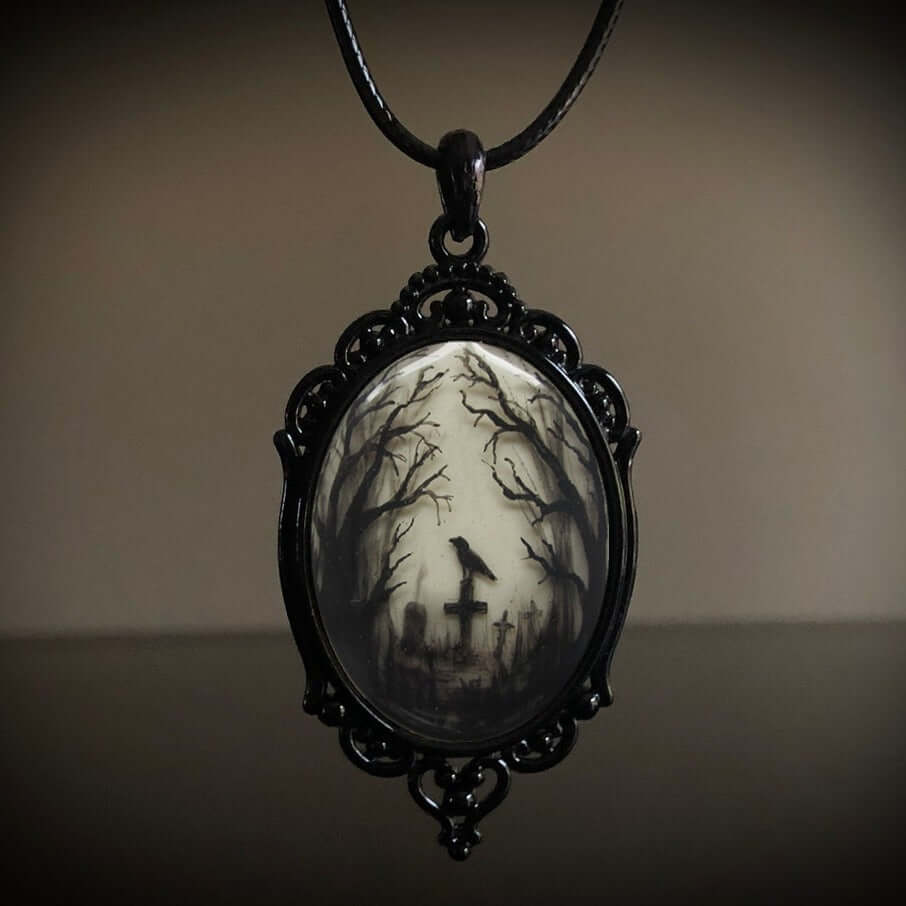 Gothic Cross Crow Raven Embossed Halloween Pendant Necklace for Women & Men | KY001 | Perfect for Halloween Costumes, Gothic Fashion & Dark Aesthetic Jewelry