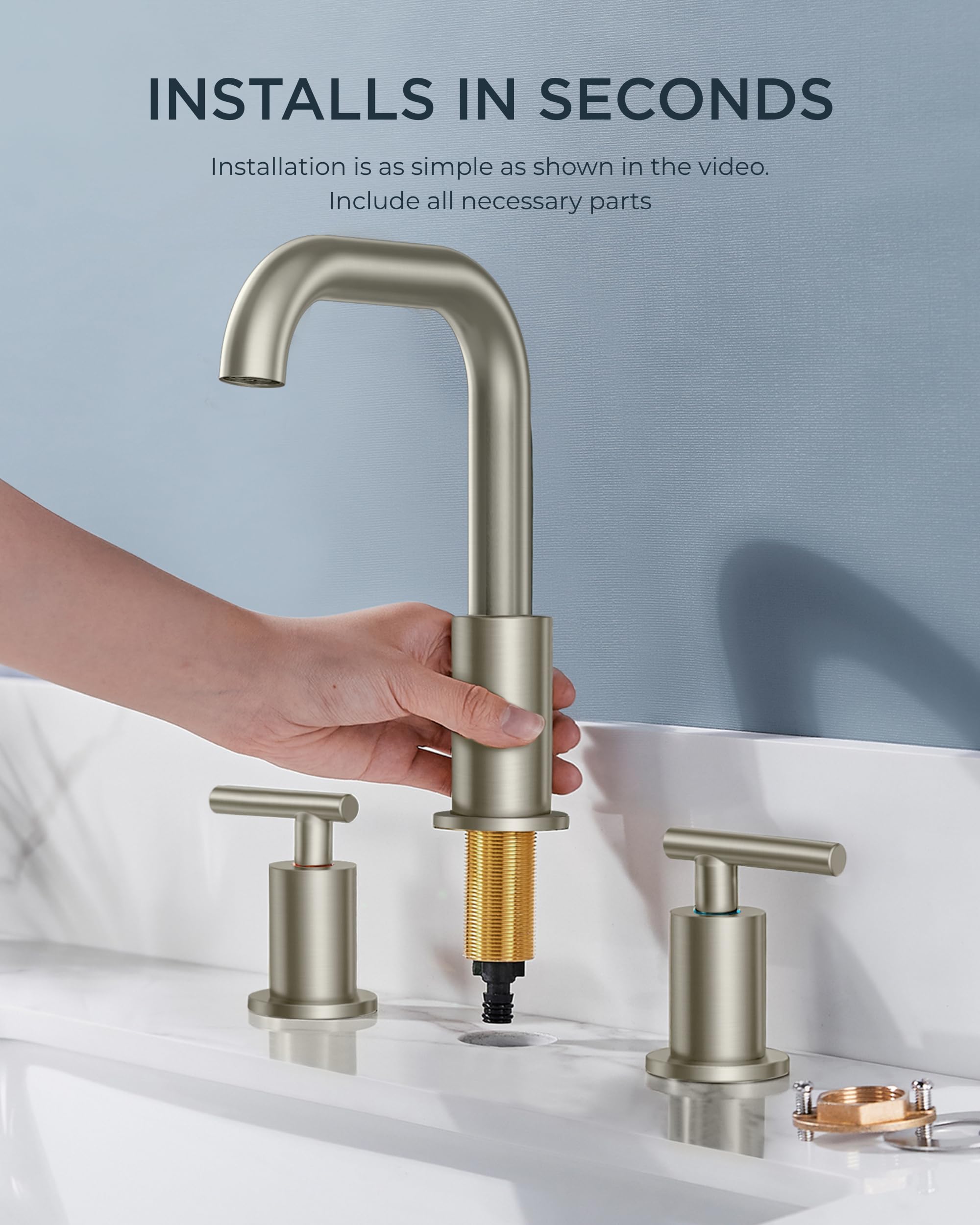 FORIOUS 8 Inch Brushed Nickel Widespread Bathroom Faucet - 2 Handle 360° Swivel Sink Faucet with Pop-Up Drain & Hoses - Perfect for Vanity, Restroom, RV & Lavatory Sinks | Easy Installation & Modern Design for Home & Commercial Use