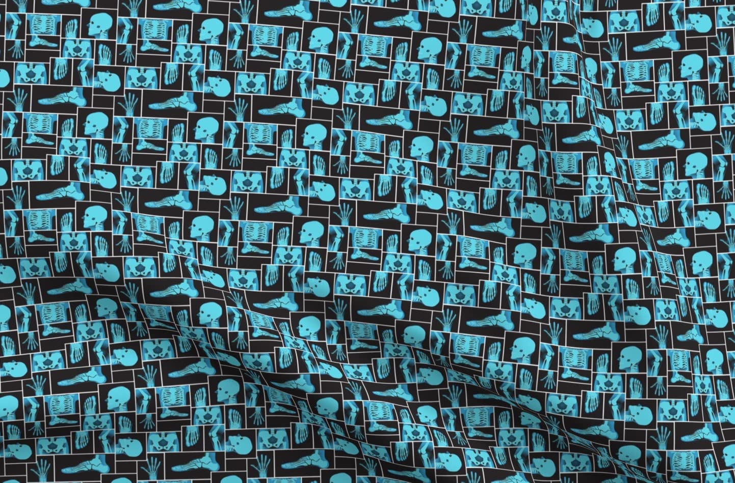 Hip Bone Blue Black Skeleton Bones X-Ray Print Satin Fabric by The Yard - Halloween Doctor Medical Costume Material, Sewing Lining for Apparel, Fashion Blankets & Home Decor