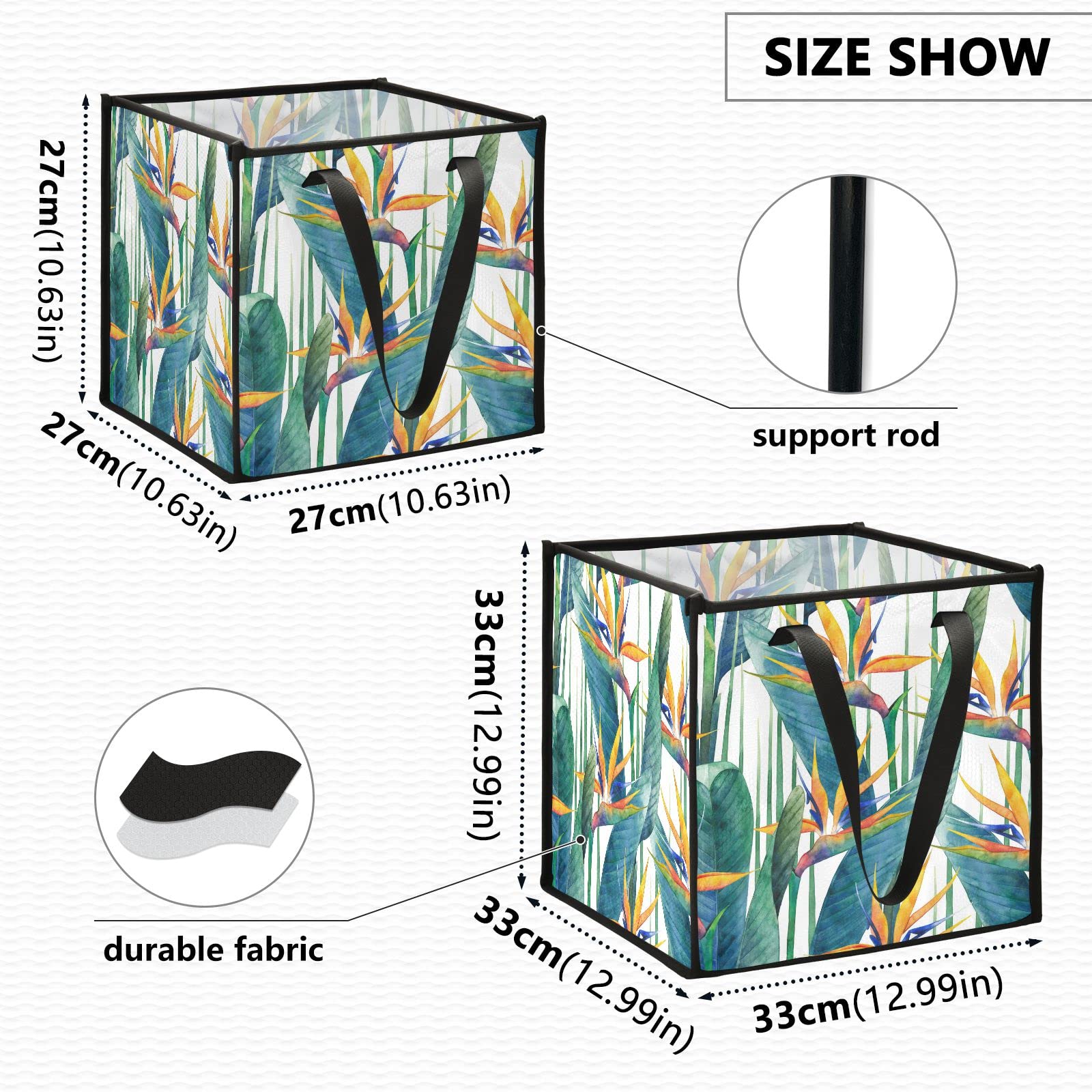 Exotic Green Leaves & Orange Flowers Collapsible Fabric Storage Bins - 13x13x13 Inch Square Toy Organizer with Handles for Nursery, Shelves & Closet - Perfect for Kids' Room Organization & Home Decor Storage Solutions