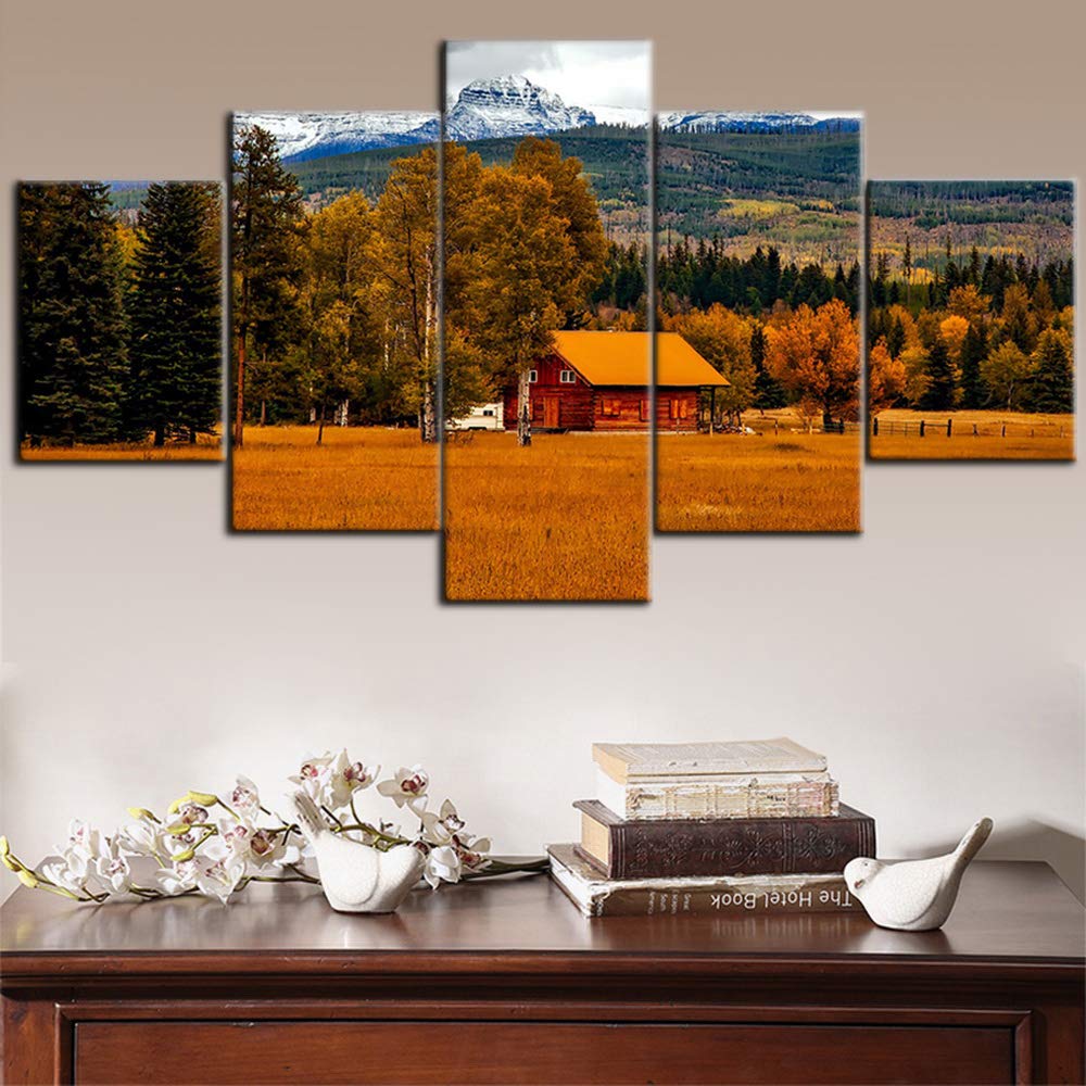 5-Piece Rustic Landscape Paintings Set - Wooden Cabin Wall Art, Modern Canvas Prints for Living Room, Framed & Gallery-Wrapped Ready to Hang (60''W x 32''H) - Perfect for Home Decor, Office & Cabin Wall Decoration