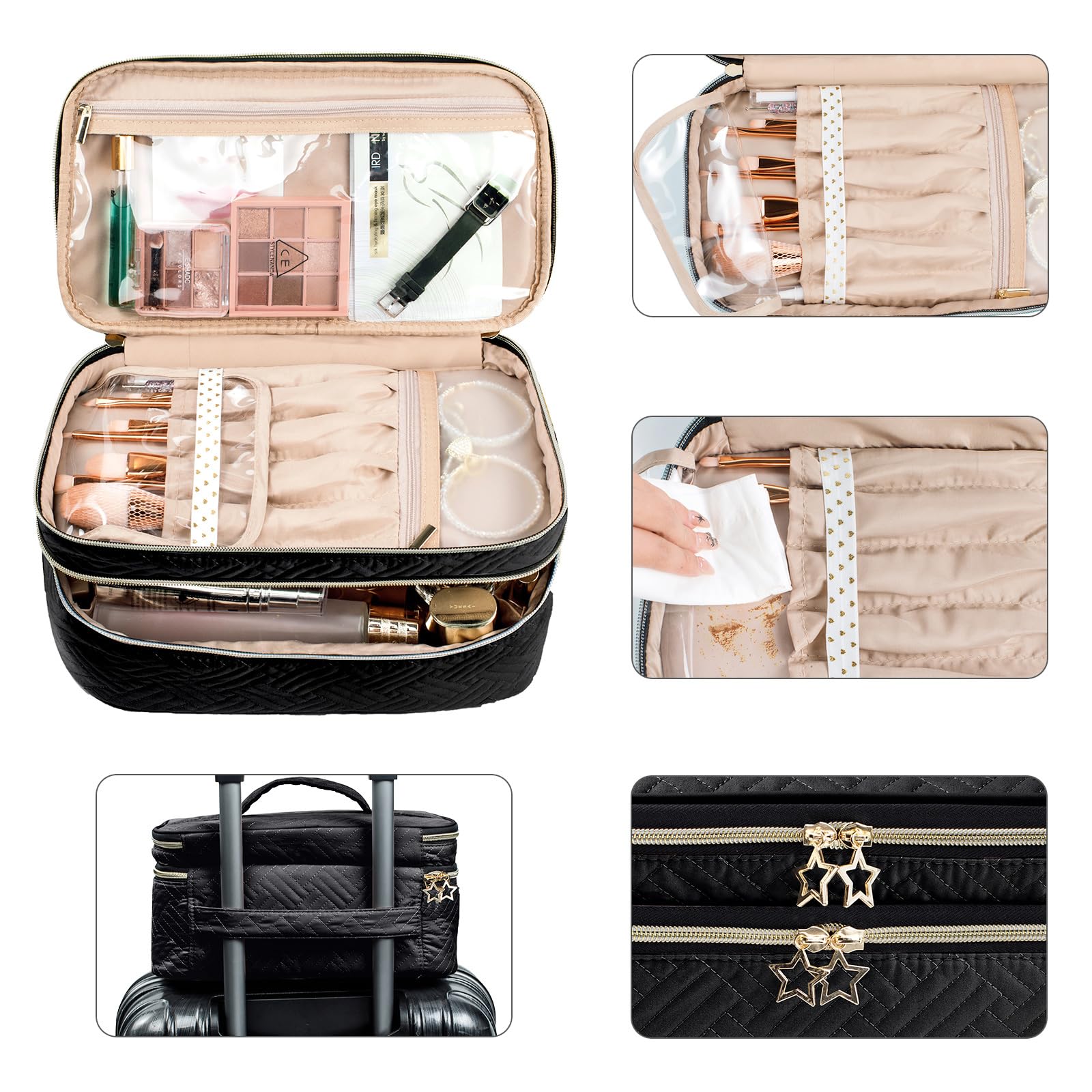 AMOIGEE Large Waterproof Makeup Bag - Double Layer Travel Cosmetic Organizer with Spacious Compartments for Brushes, Bottles & Palettes | Perfect for Travel, Home & Professional Use