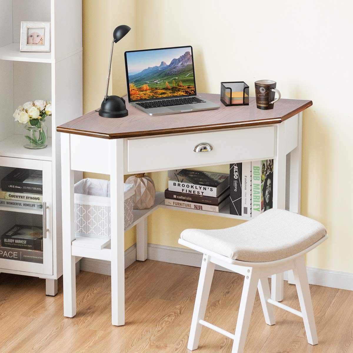 Tangkula 90-Degree Corner Desk with Drawer & Storage Shelves - Compact Computer Desk & Makeup Vanity for Small Spaces (Natural & White) - Perfect for Home Office, Dorm Room & Bedroom Workspace