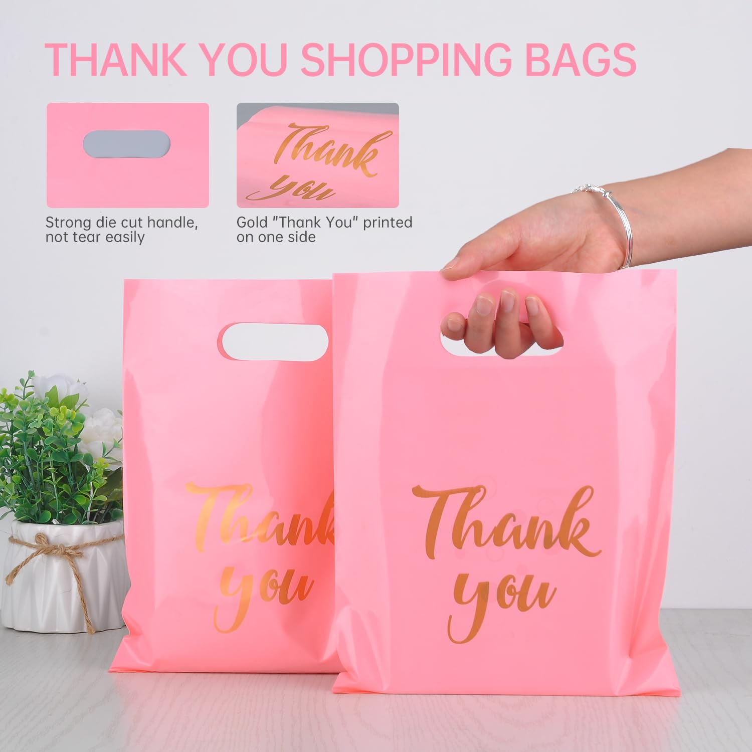 100 Pack Pink Thank You Bags with Handles - 9x12 Inch 4.73 Mils Thick Retail Shopping Bags for Small Business, Boutique & Gift Packaging - Perfect for Merchandise, Party Favors & Customer Appreciation