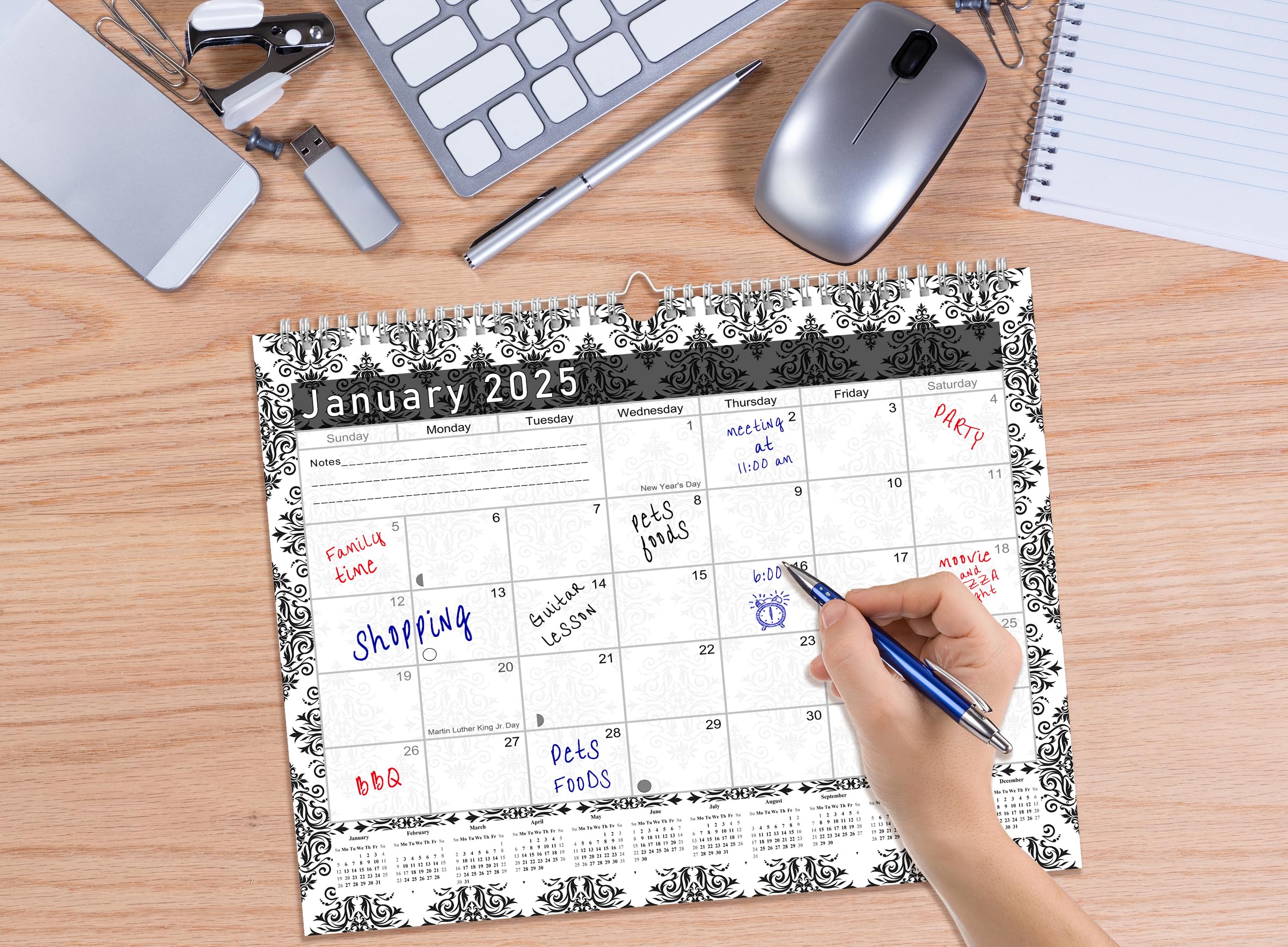 2024-2025 18-Month Spiral-Bound Wall & Desk Calendar Planner - Black & White Damask Design (Edition #08) - Perfect for Office, Home, School & Gift Giving