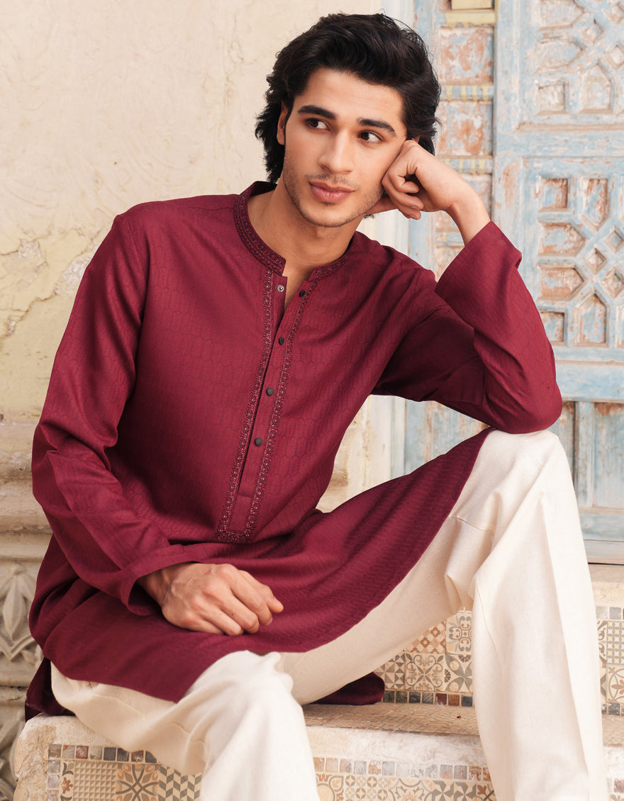 Blended Red Kurta by J. Junaid Jamshed | Stylish Pakistani Traditional Dress for Men | Perfect for Weddings, Eid & Cultural Events
