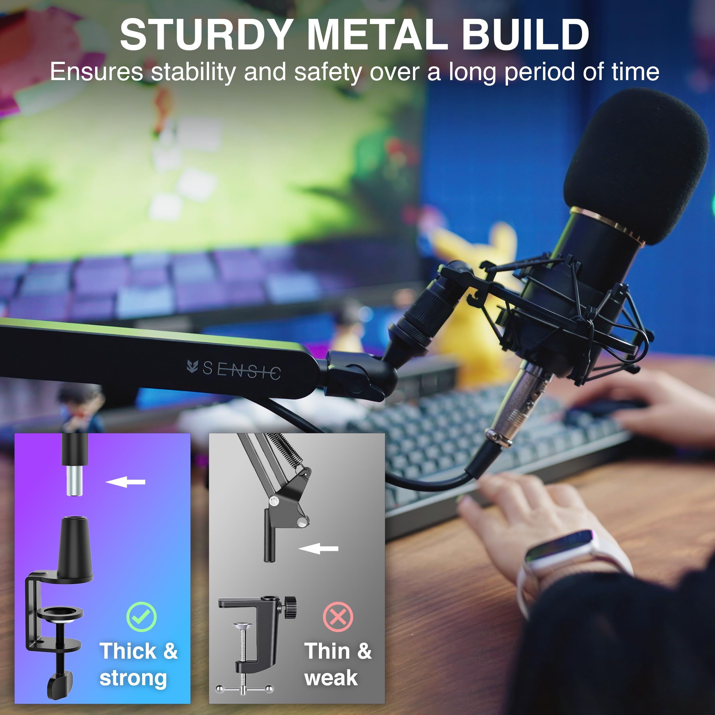 Professional SA-30 LP Low Profile Microphone Boom Arm - 360° Rotatable Mic Stand with Cable Management for Streaming, Podcasting & Gaming (Black) | Perfect for Home Studios & Content Creators