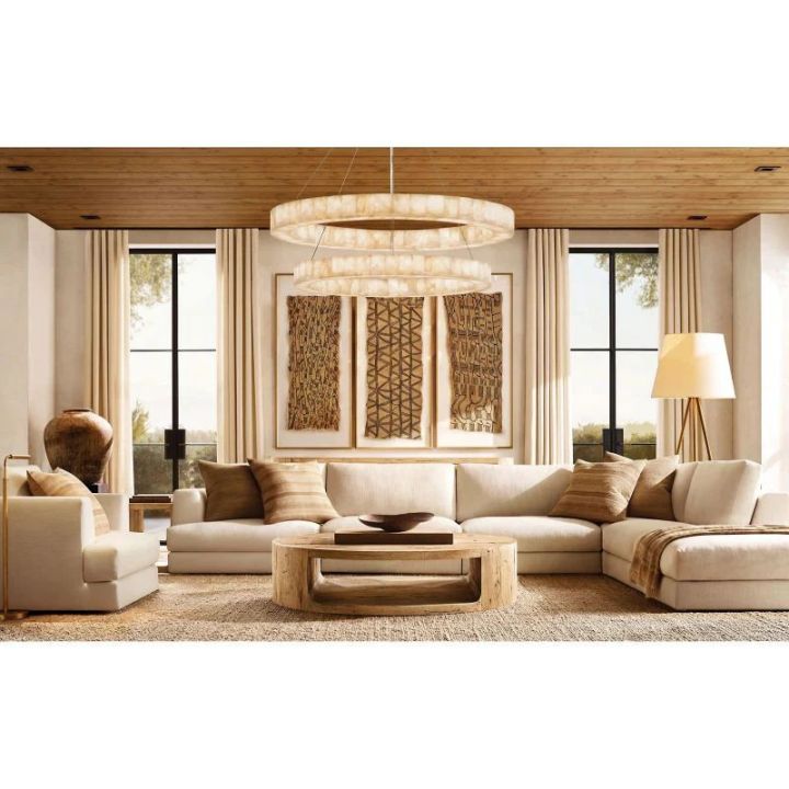 2-Tier Round Calcite Crystal Chandelier - 60 Inch Modern Ceiling Light Fixture for Dining Room, Living Room & Bedroom