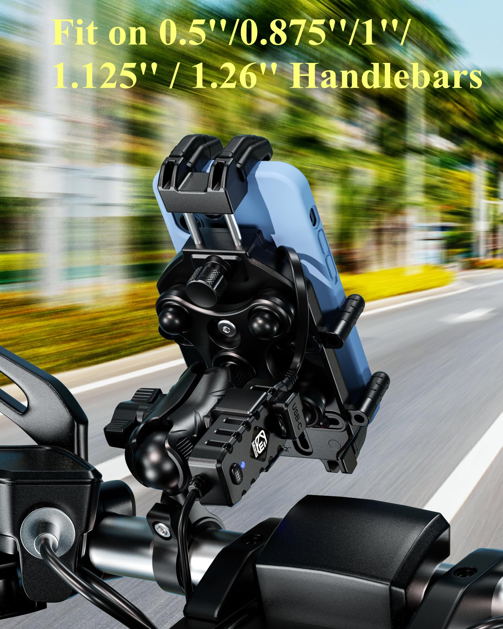 BRCOVAN Motorcycle Phone Mount with Qi 15W Wireless Charger & 30W PD/USB-C Fast Charging - Anti-Theft Handlebar Phone Holder with Vibration Dampener for 5.4''-7.2'' Smartphones - Perfect for Adventure Riding, Commuting & GPS Navigation