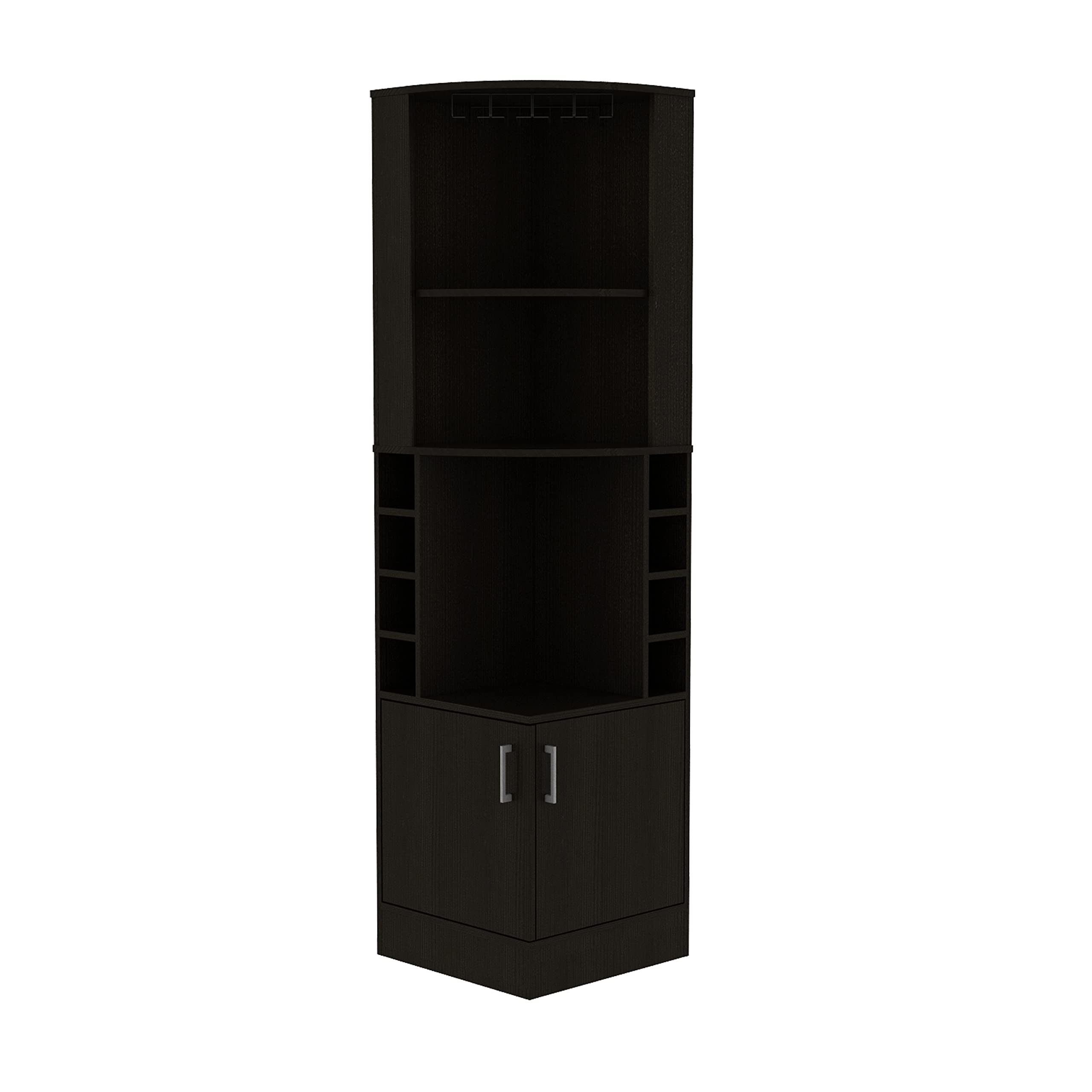 Seattle Corner Bar Cabinet - Black with 3 Open Shelves, Glass Rack, 8 Bottle Storage & Double Doors | Perfect for Home Bar, Kitchen or Dining Room Organization
