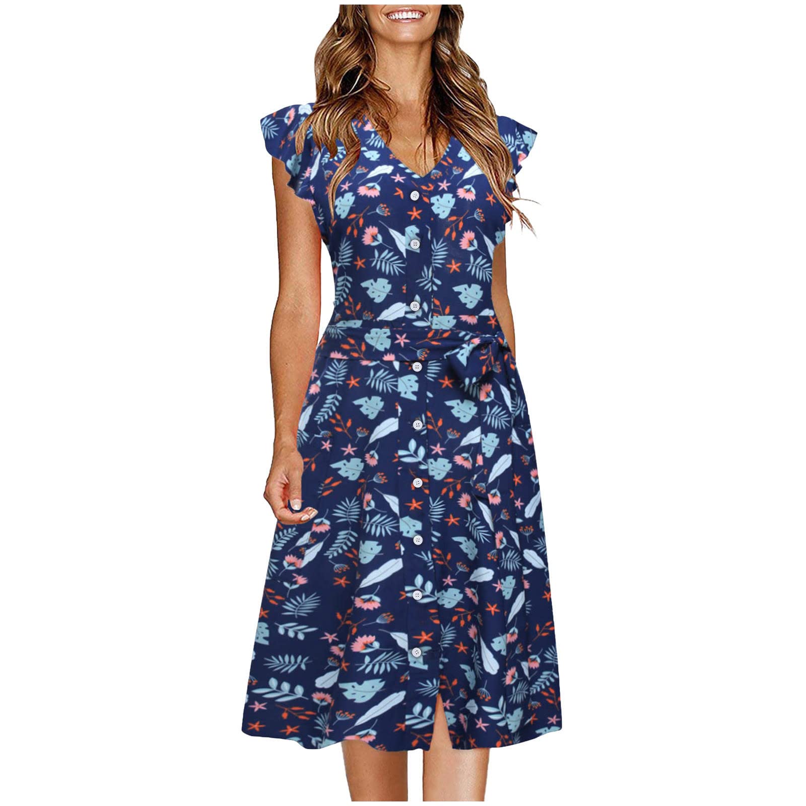 2022 Floral Summer Dresses for Women - Cap Sleeve V-Neck Button Down Midi Dress with Pockets | Beach Vacation, Party, Casual Outfit