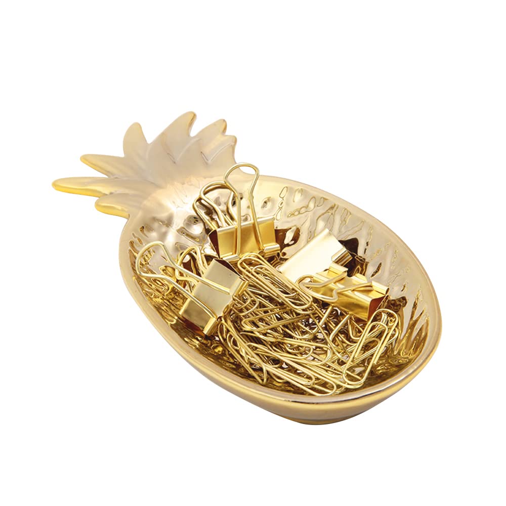MultiBey Ceramic Pineapple Paper Clip Holder - Gold Desk Organizer with Included Paperclips & Binder Clips | Stylish Office Supplies for Home & Workspace Organization