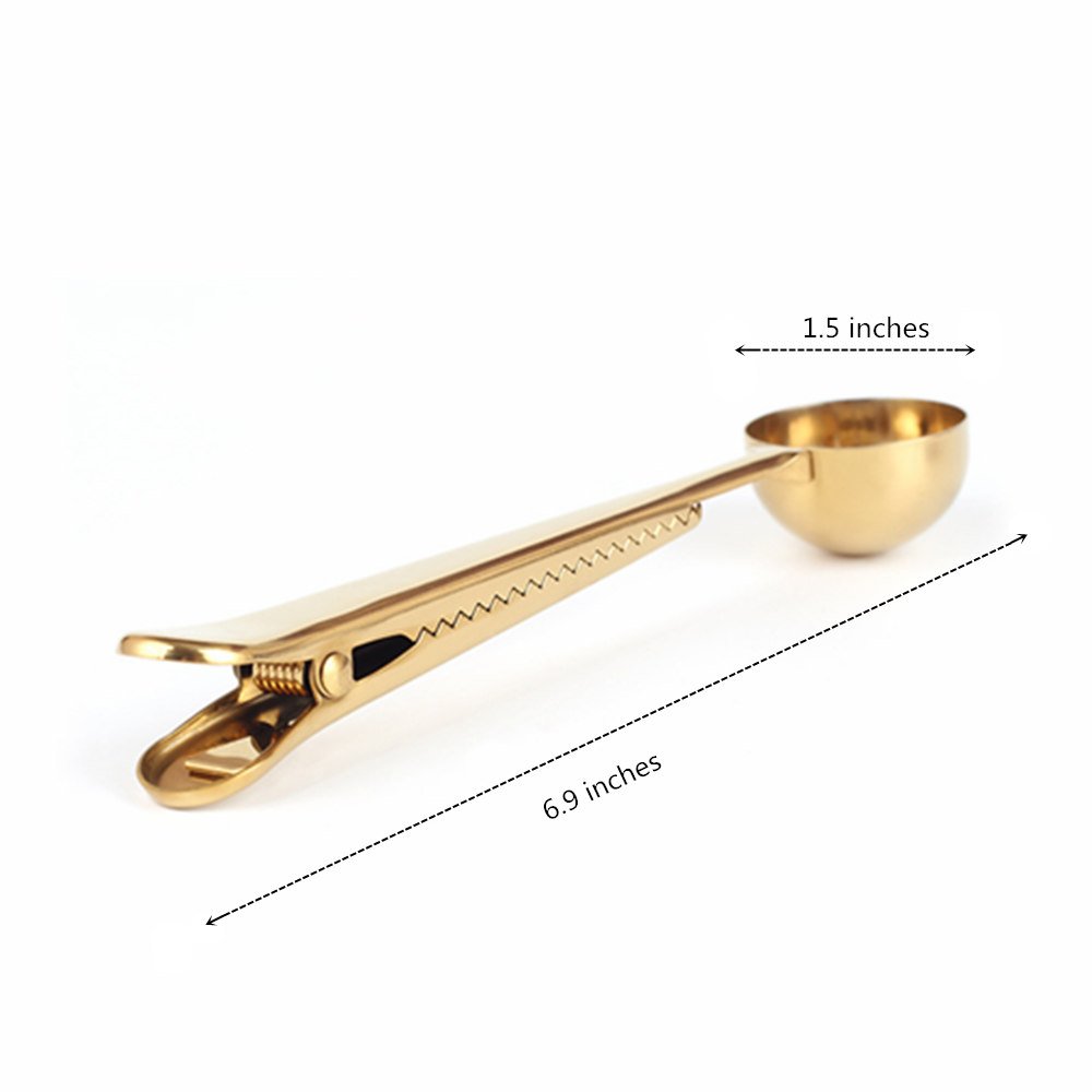 Premium Stainless Steel Coffee Scoop with Golden Finish - Multi-Purpose Measuring Spoon for Coffee, Tea, Protein Powder & Instant Drinks - Includes Bag Clip - Ideal for Home Brewing, Barista Use & Kitchen Organization