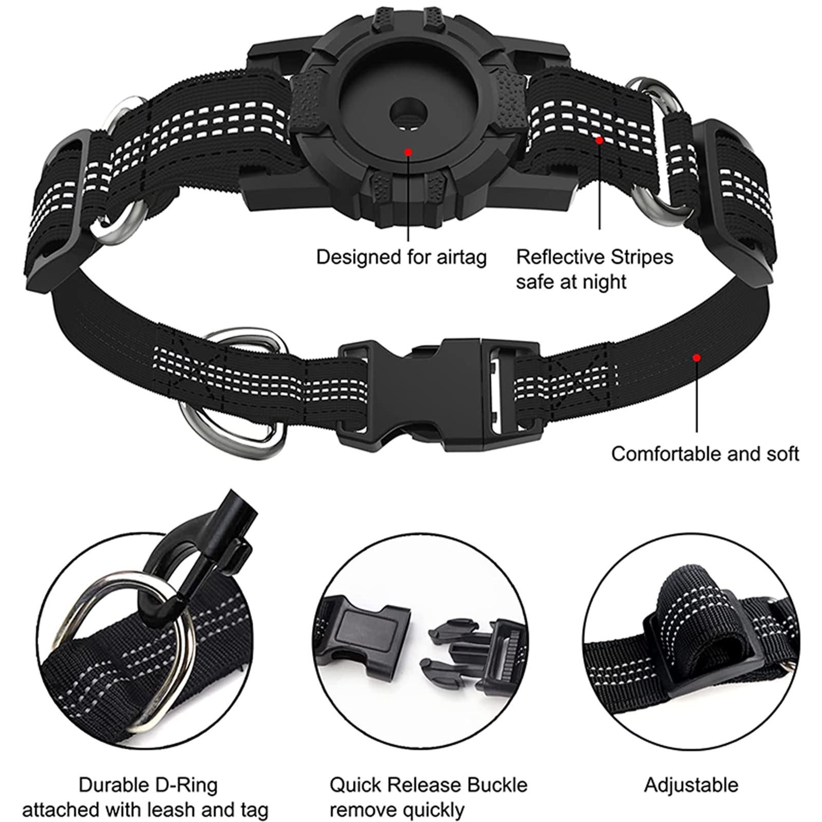 Adjustable Reflective Apple AirTag Dog Collar with Holder Case - Soft Nylon Pet Collar for Small Medium Large Dogs (S, Red) | Perfect for Night Walks & Pet Safety Tracking