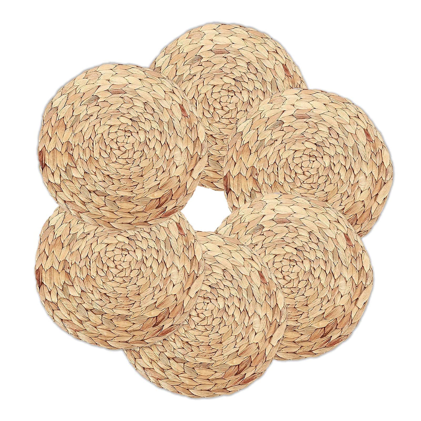 6-Piece Handwoven Natural Water Hyacinth Round Placemats Set - Heat Resistant & Non-Slip Rattan Table Mats for Dining Table, Kitchen Counter, Coffee Table - Perfect for Boho Home Decor, Farmhouse Style Dining, and Outdoor Entertaining