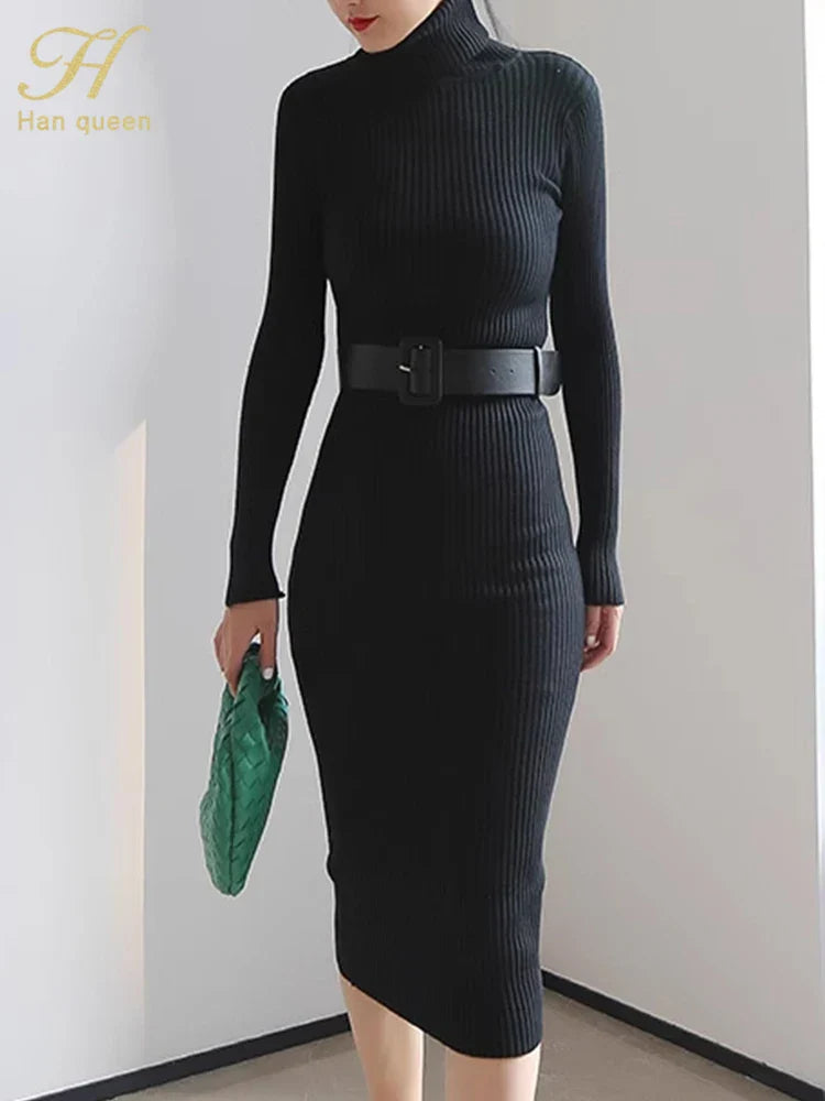 Women's H Han Queen Knitted Turtleneck Sweater Dress - Bodycon Midi Dress with Belt for Autumn Winter | Soft Stretchy Party Outfit for Date Night & Holiday Gatherings