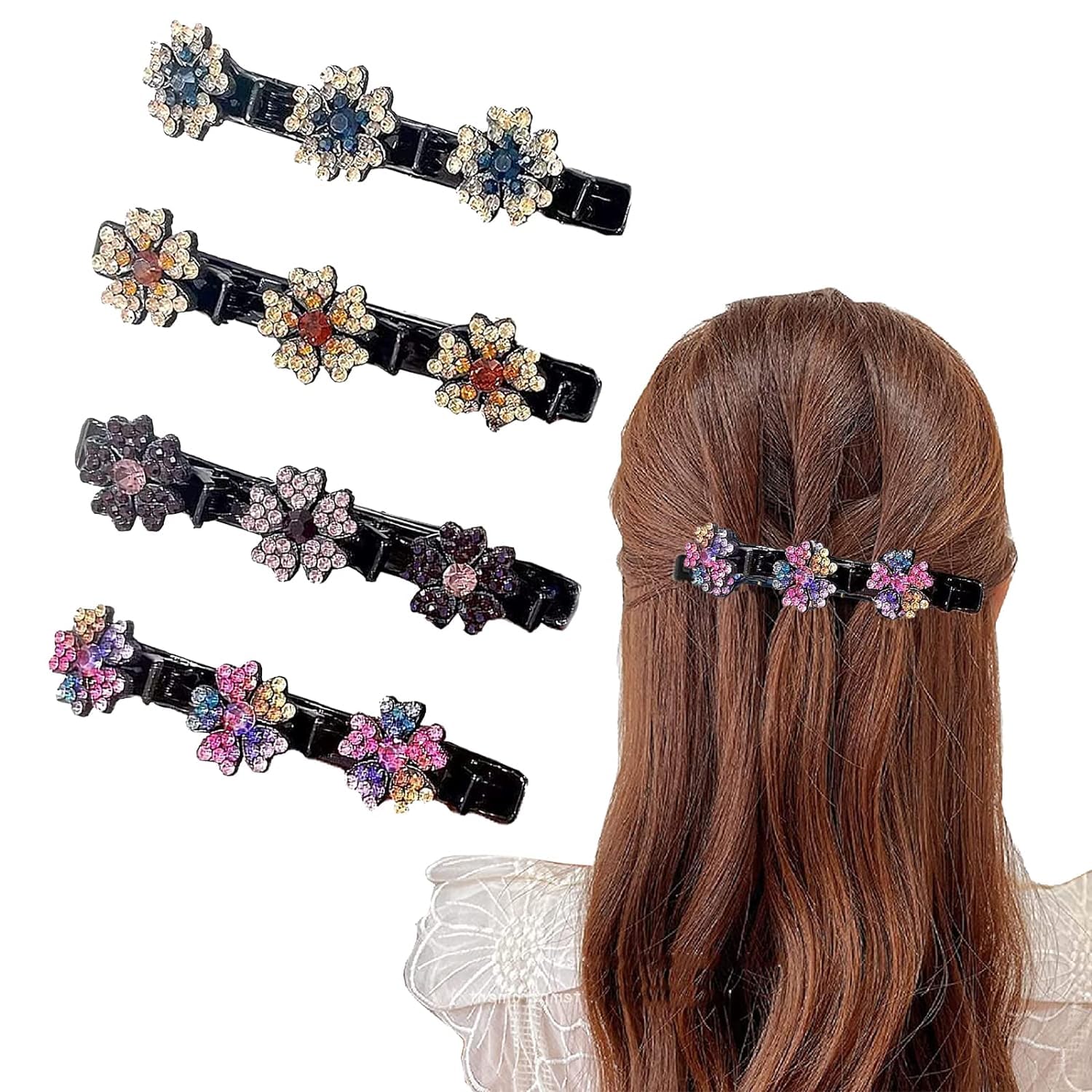 Shidara 4PCS Sparkling Crystal Stone Braided Hair Clips Set with 3 Small Clips | Pearl Shaped Duckbill Hairpins | Rhinestone Hair Accessories for Women & Girls | Perfect for Weddings, Parties & Daily Styling