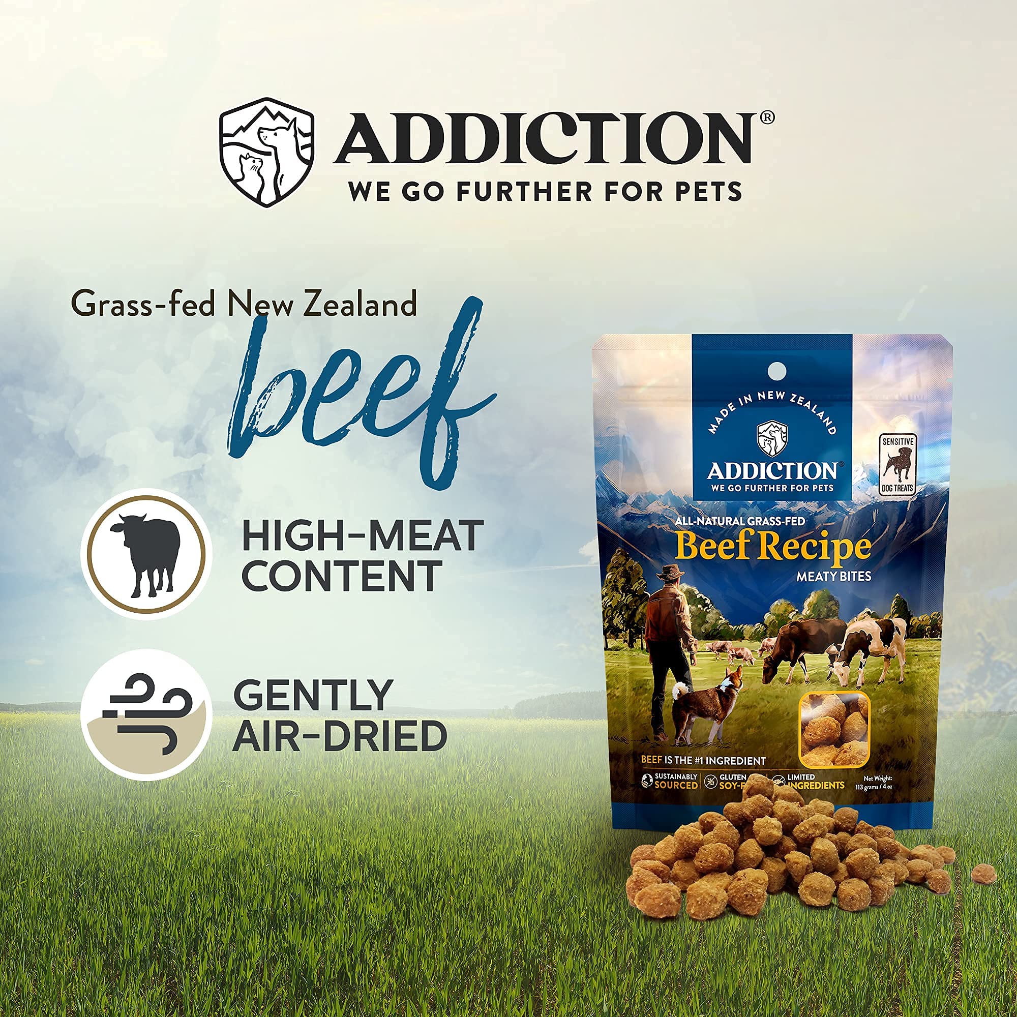 Addiction Meaty Bites Hypoallergenic Dog Treats - High Protein Grain-Free Soft Dog Snacks - Made in New Zealand with Real Beef - 4oz (6 Pack) for Training, Rewards & Sensitive Stomachs