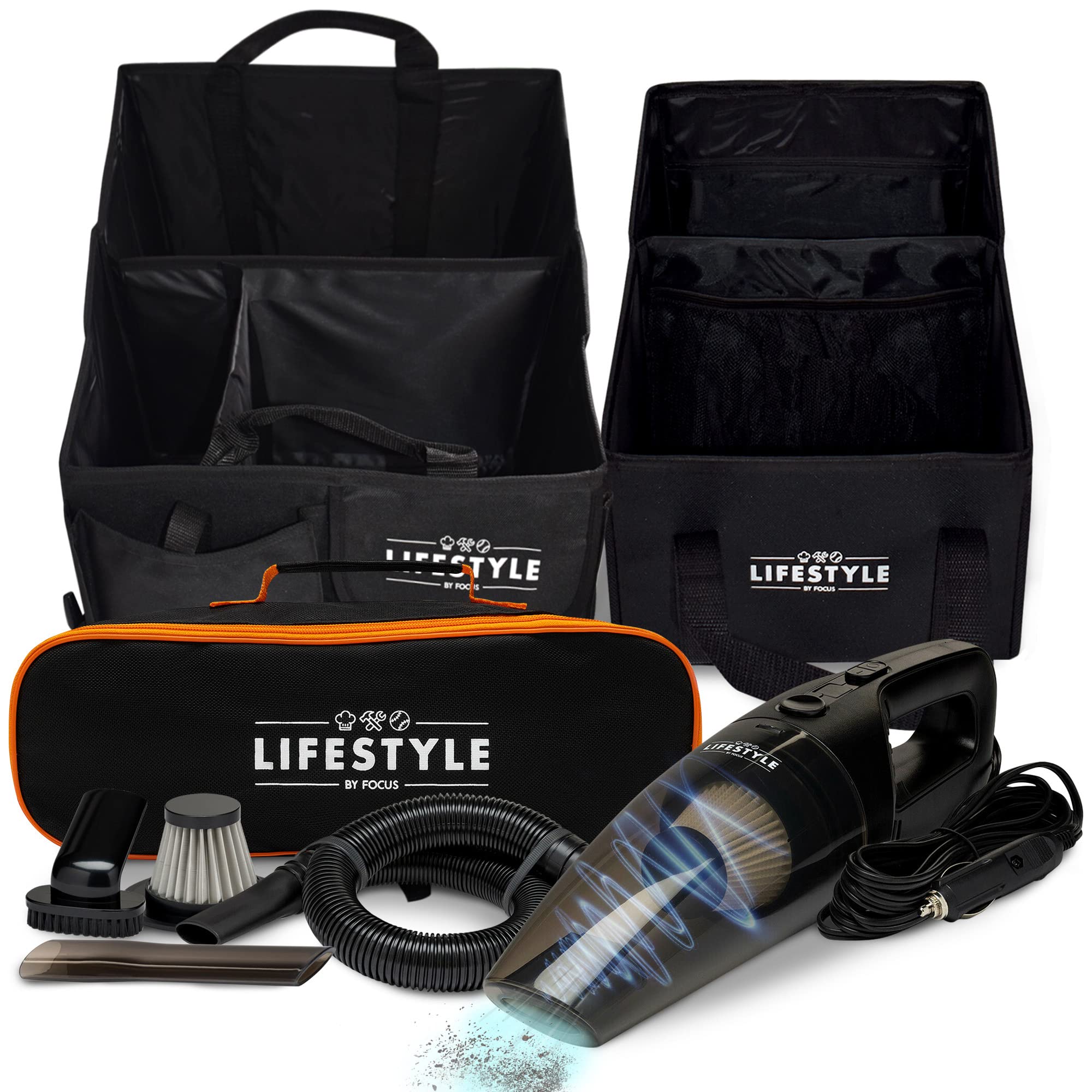 Car Storage and Vacuum Set - Large Trunk Organizer, On-Seat Organizer & 12V Portable Car Vacuum Cleaner for Road Trips, Camping & Everyday Car Organization