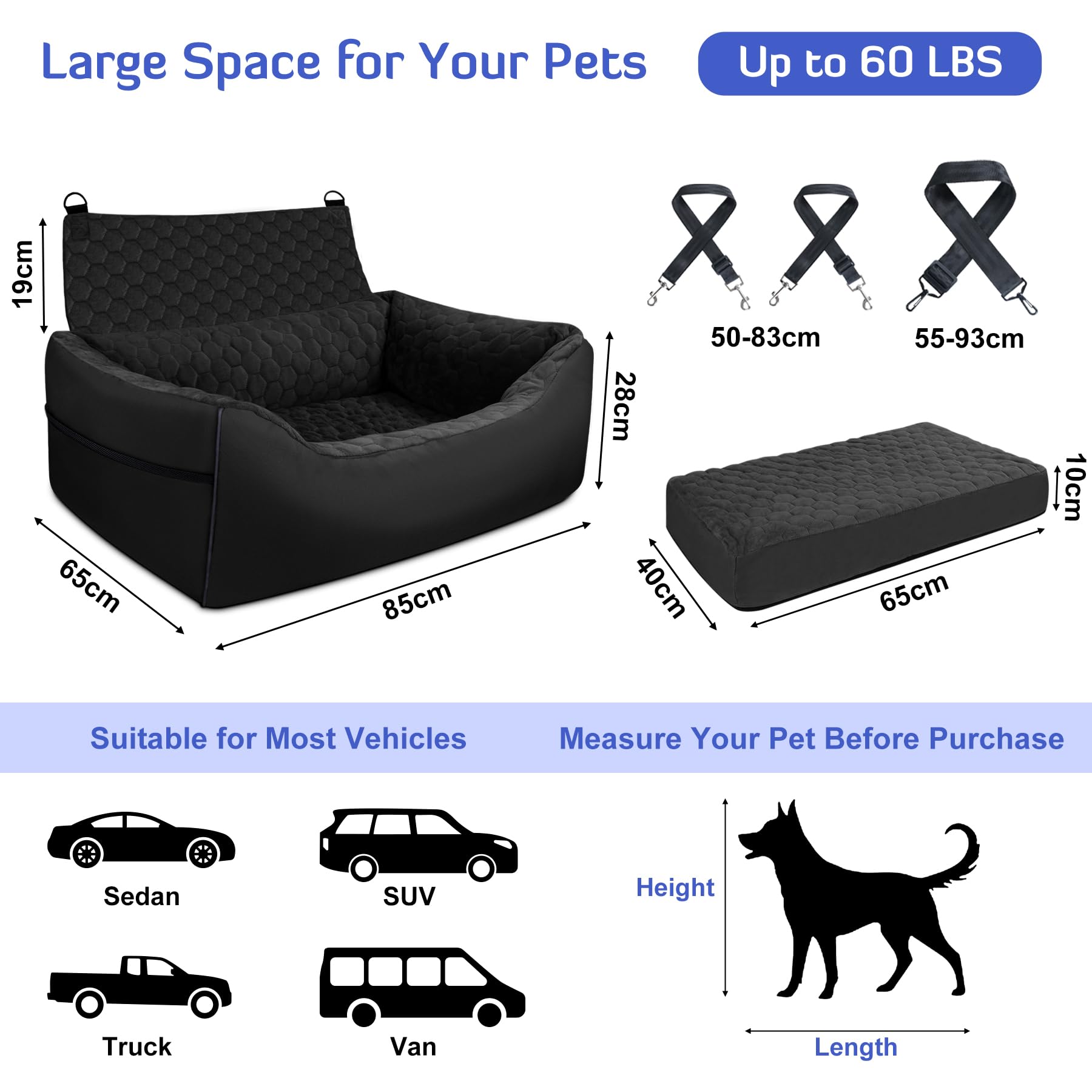 **INFANZIA Foam Dog Car Booster Seat for Large & Medium Dogs - Detachable Pet Car Seat with Storage Pockets, Holds Pets Under 60Lbs or 2 Small Dogs - Elevated Dog Car Bed for Back Seats (29IN, Black) - Perfect for Road Trips & Safe Travel**