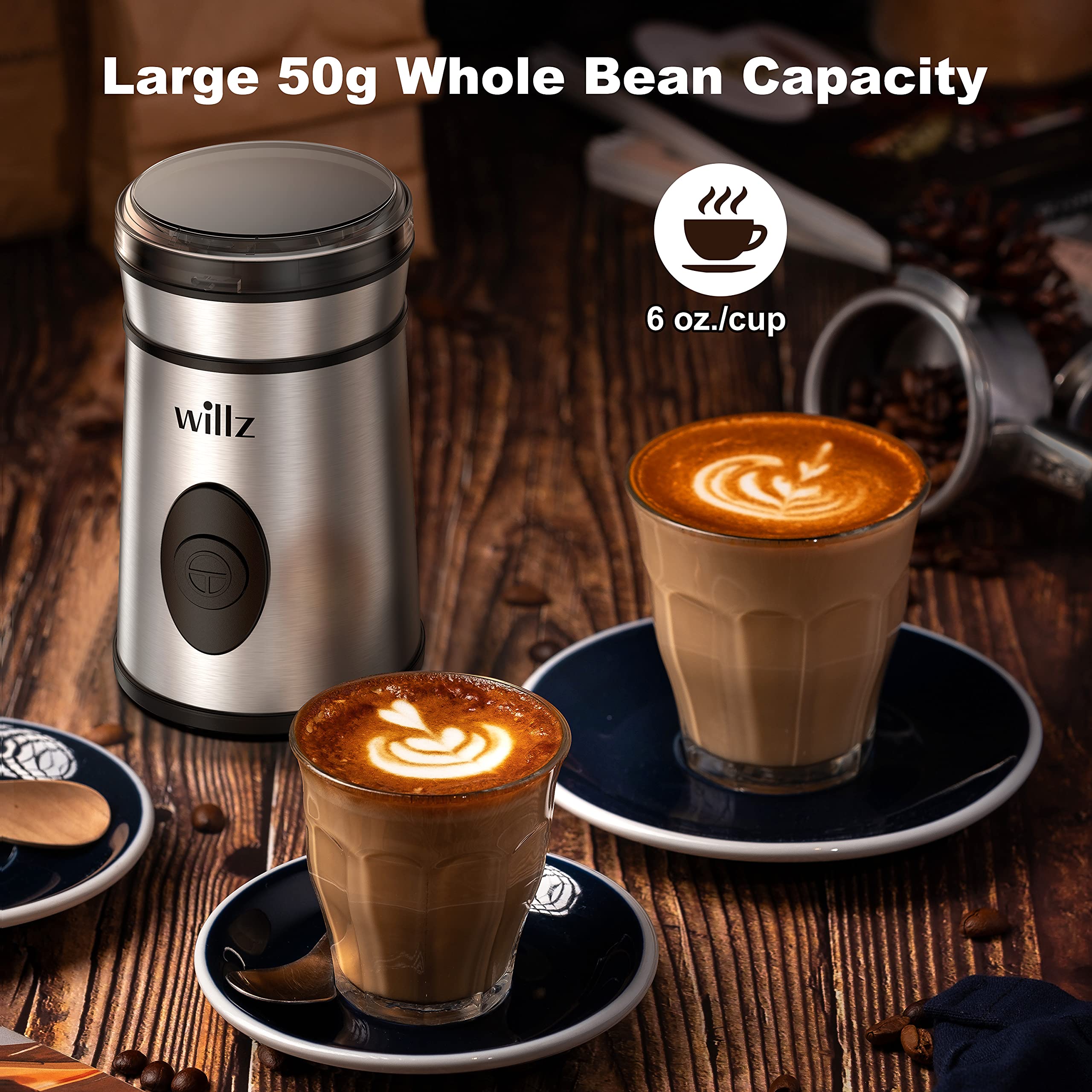 Premium Willz Electric Coffee Grinder - 200W Stainless Steel Blade for Beans, Spices & Herbs | 50g Capacity (6 Cups) | One-Touch Operation | Perfect for Home Kitchens, Camping & Gifts