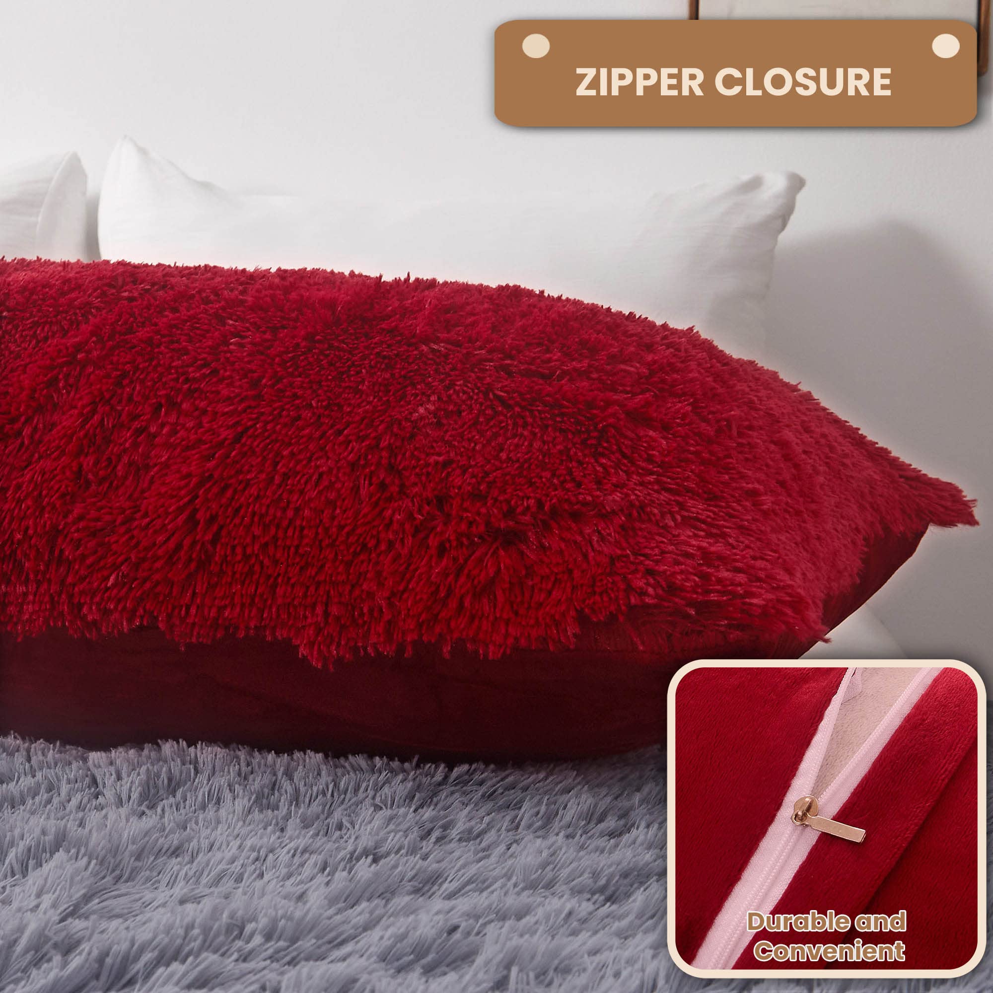 Luxury Fluffy Body Pillow Cover 20x54 Inches - Soft Shaggy Faux Fur Pillow Case with Zipper Closure, Red Plush Fuzzy Hug Pillow for Bedroom - Perfect for Lounging, Reading & Relaxing in Bed