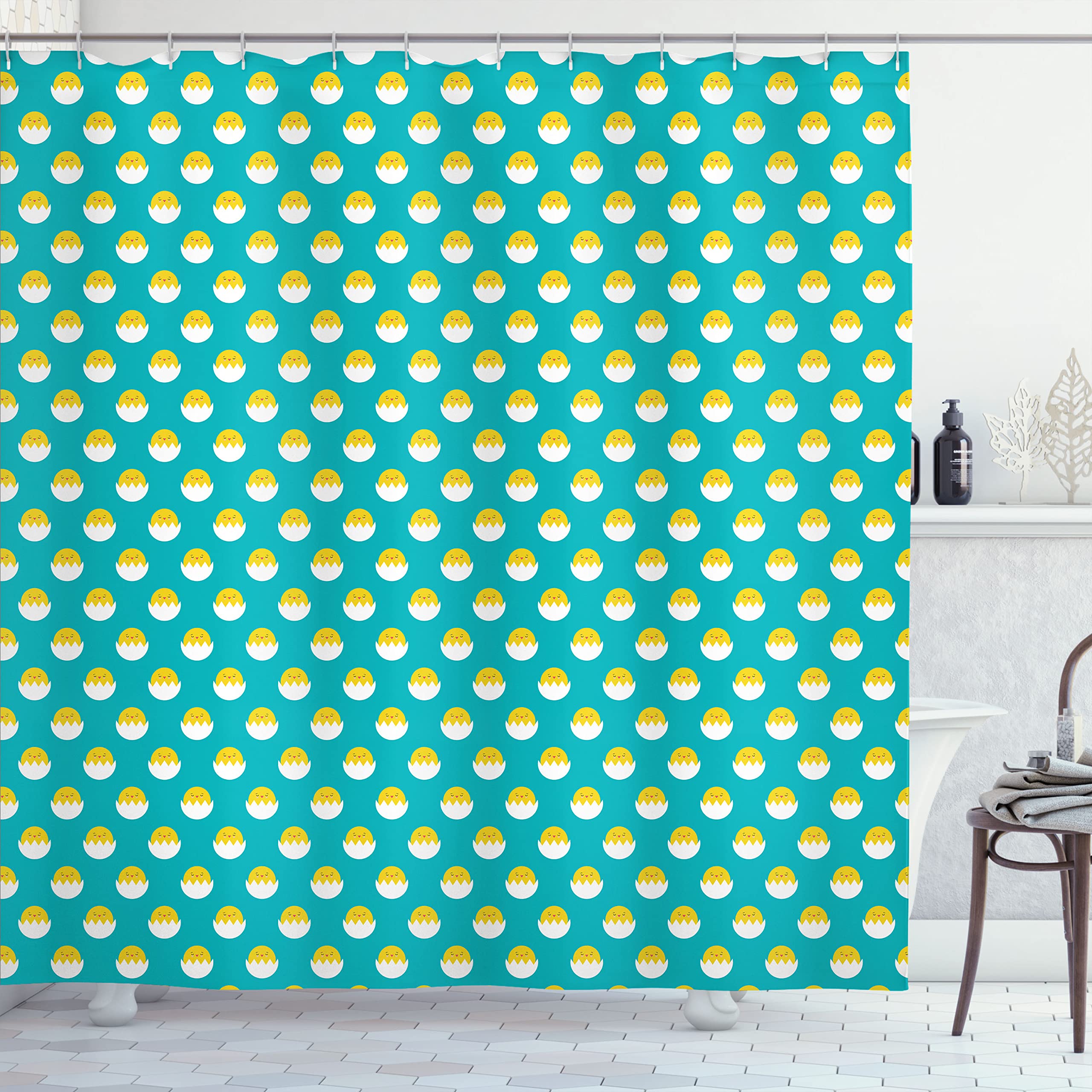 Ambesonne Yellow Bird Shower Curtain - Cartoon Chickens in Cracked Eggs Pattern, 100% Polyester Fabric Bathroom Decor with Hooks, Seafoam Yellow | Waterproof & Mold Resistant for Bath, Kids Room & Farmhouse Style Decor
