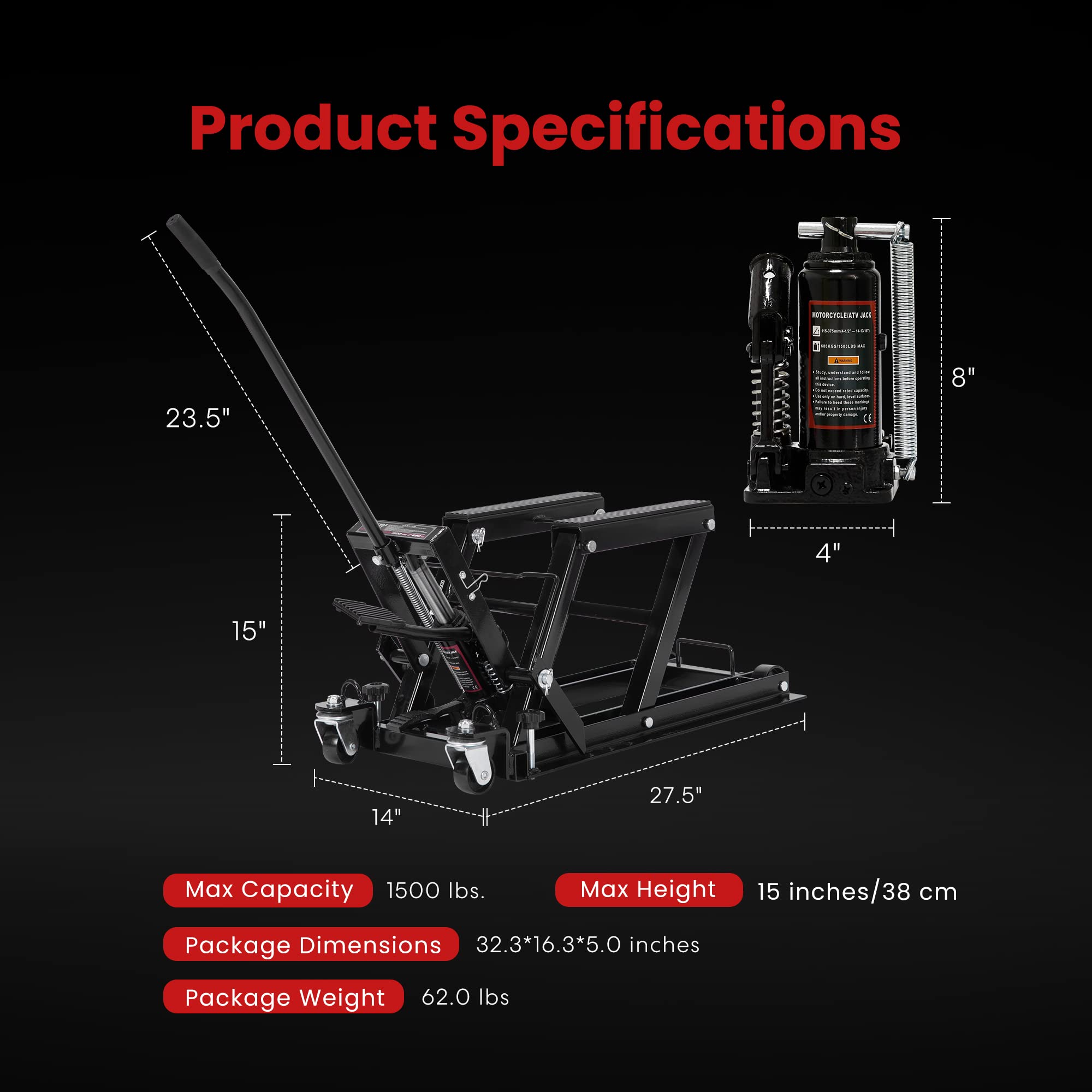 VIVOHOME 1500 LBS Hydraulic Motorcycle Lift Jack - Heavy Duty Steel ATV Lift Stand with Wheels & Handle for Motorcycles, ATVs, Dirt Bikes - Black | Perfect for Garage, Workshop & DIY Motorcycle Maintenance