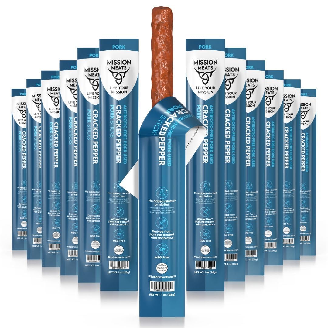 Mission Meats Cracked Pepper Pork Meat Sticks - Healthy Sugar-Free Snacks for Kids & Adults | AIP, Paleo & Whole30 Compliant | 1oz (24 Pack) | Perfect for On-the-Go, Hiking & Lunchboxes