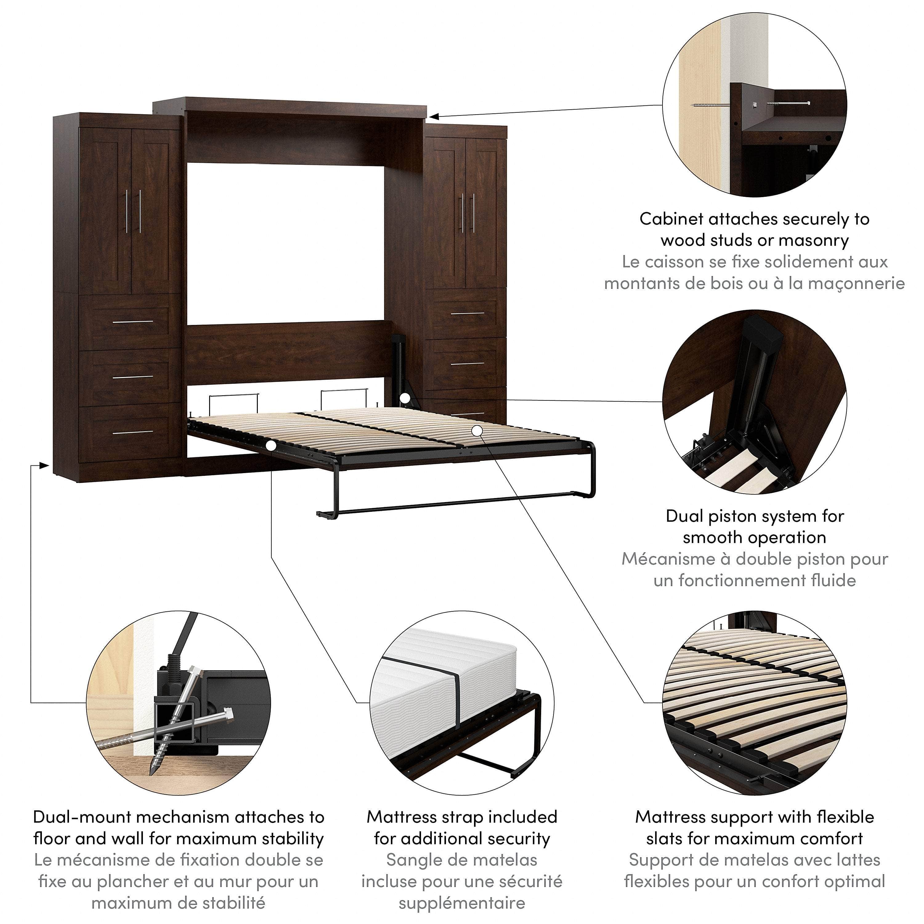 Pur Queen Murphy Wall Bed with Closet Storage Cabinets (115W) - 7 Color Options - Space-Saving Solution for Small Apartments, Guest Rooms & Home Offices