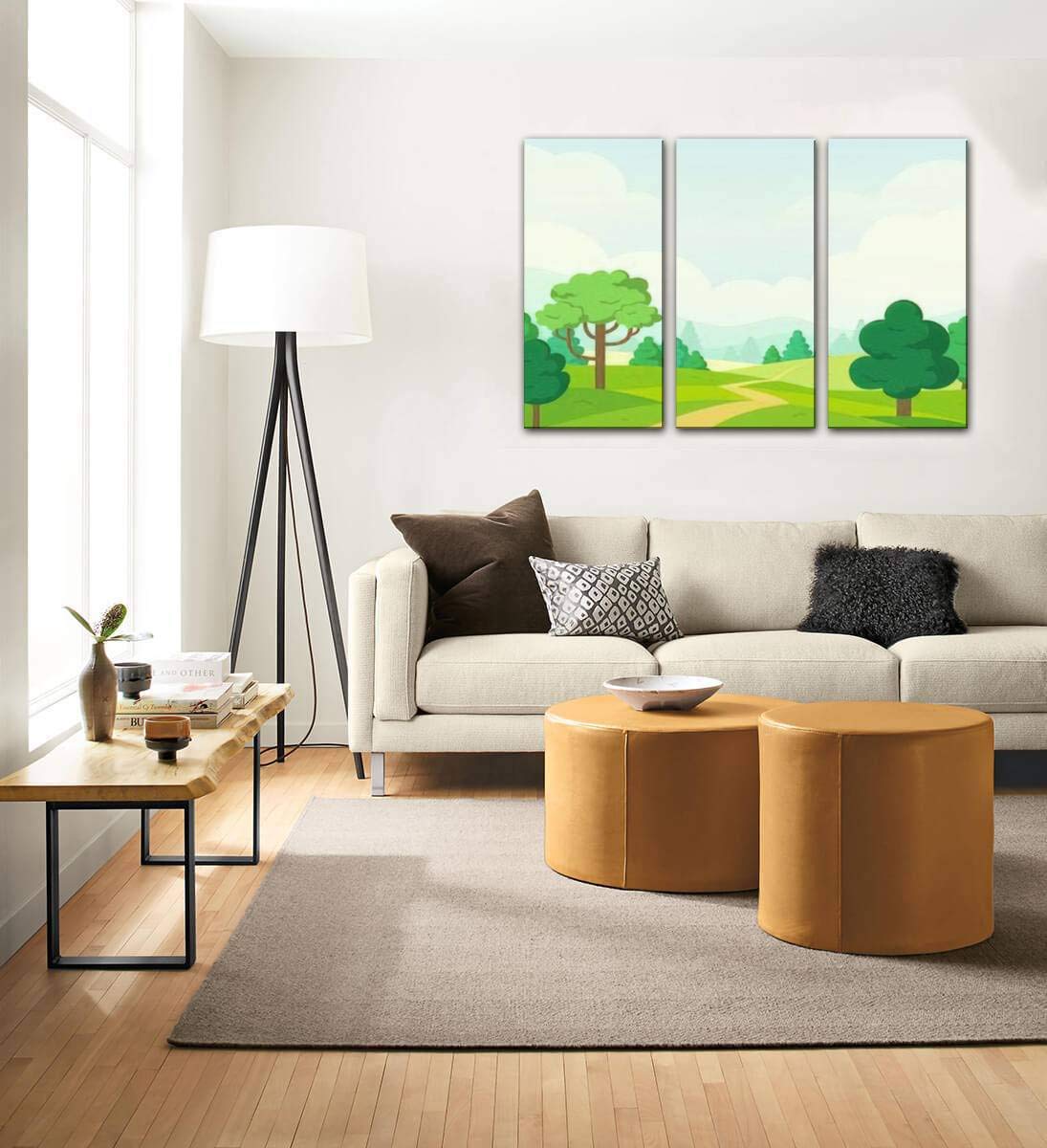 Vector Nature Landscape Canvas Wall Art - Simple Cartoon Style Paintings for Living Room & Bedroom Decor - 3 Panel Home Wall Decor Posters - Perfect for Modern Housewarming Gifts & Cozy Interior Design