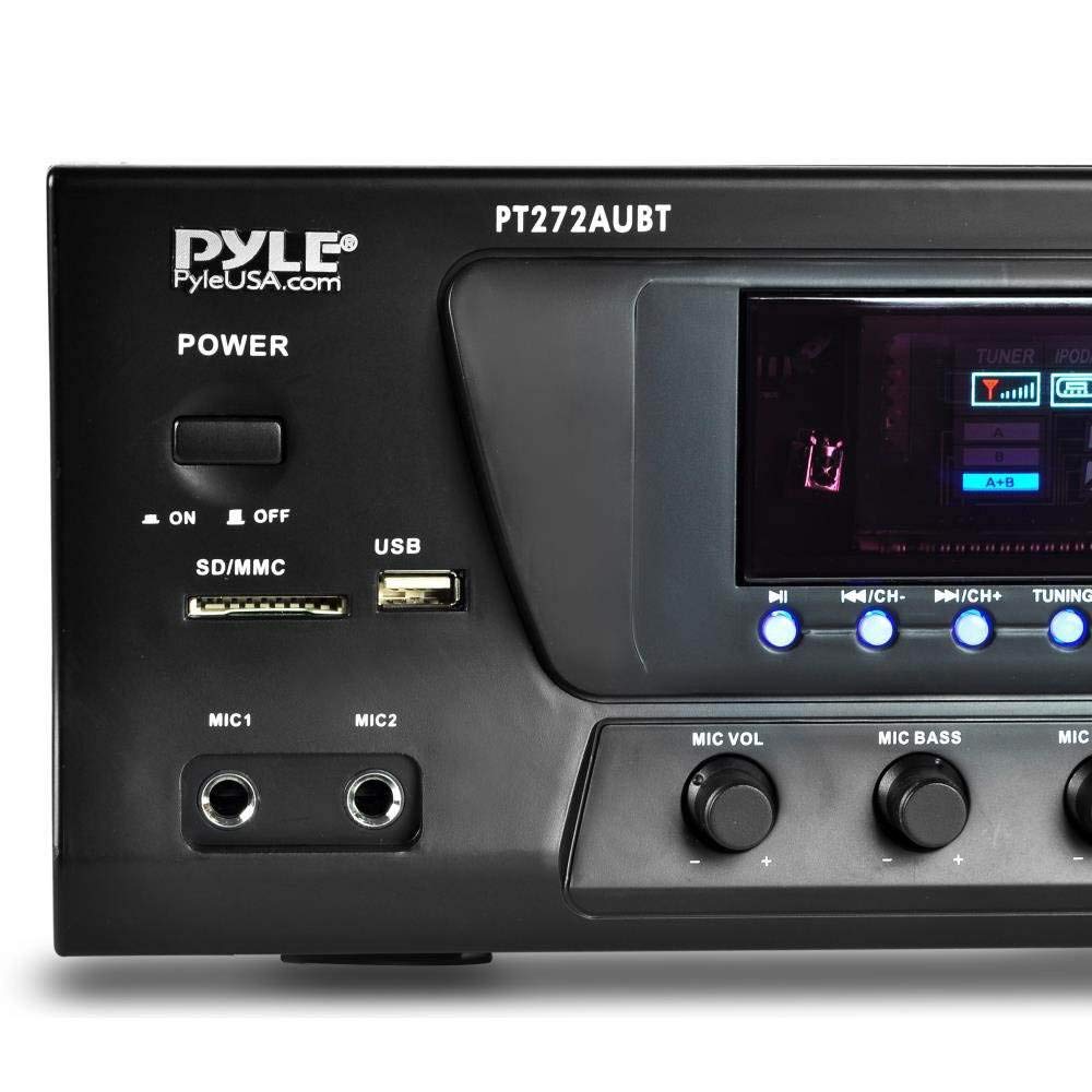 Pyle Wireless Bluetooth Audio Power Amplifier - 300W 4 Channel Home Theater Stereo Receiver with USB, AM/FM Radio, 2 Mic Inputs with Echo, RCA, LED Display, Speaker Selector - Perfect for Studio, Home Theater, Karaoke & Party Use - PT272AUBT (Black)