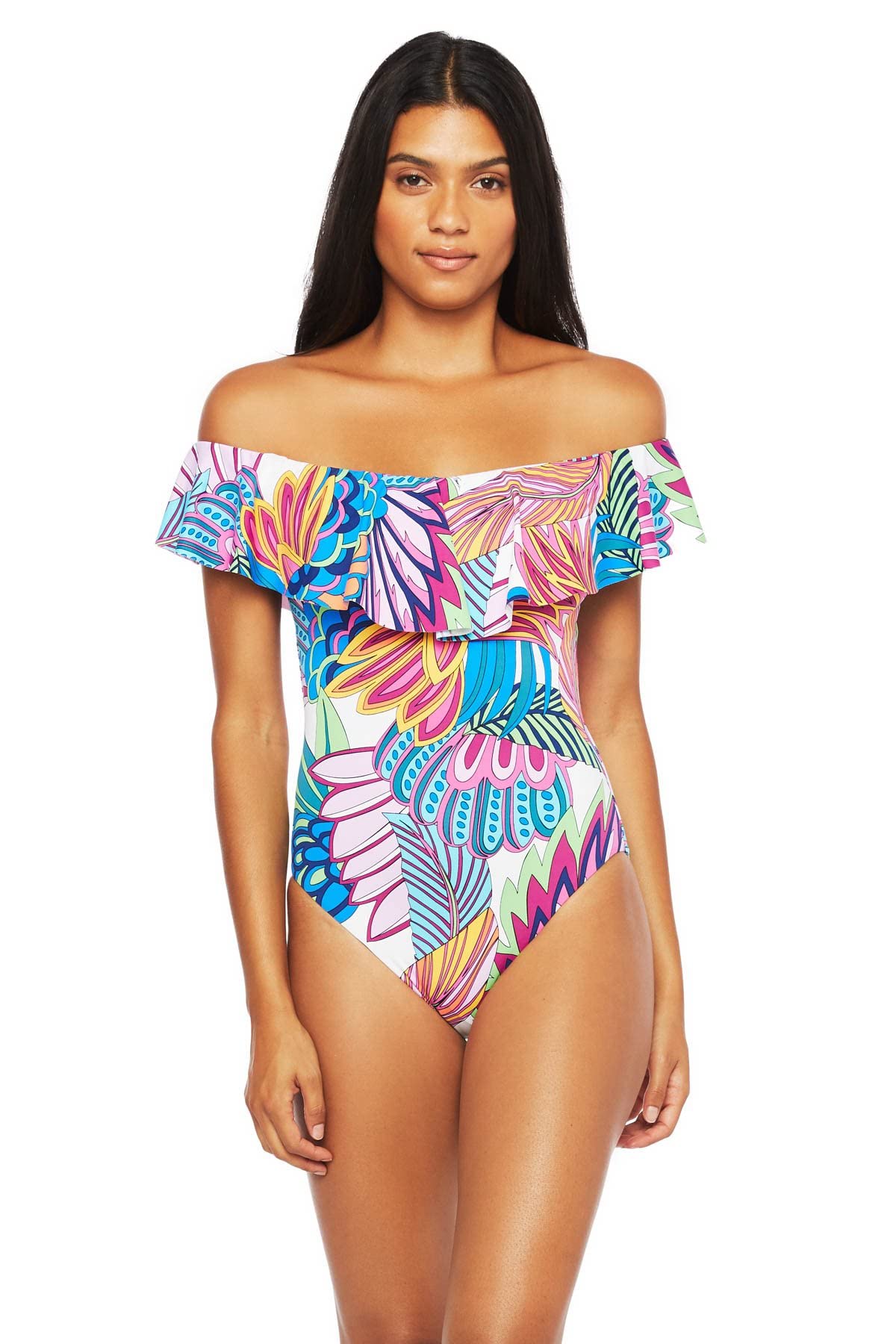 Trina Turk Women's Off-The-Shoulder Ruffle Bandeau One Piece Swimsuit | Flattering Swimwear for Beach & Pool | Summer Vacation Essentials