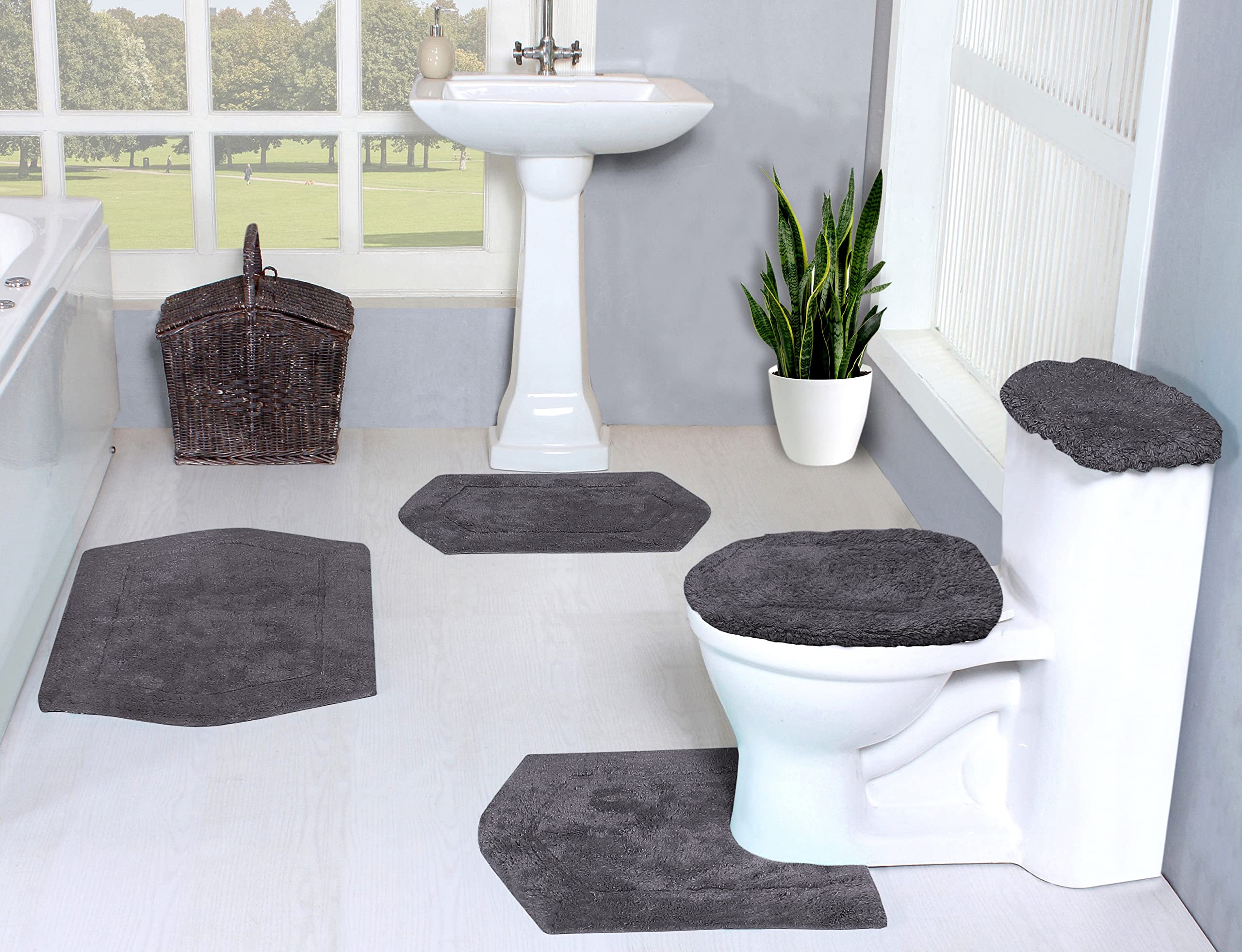 Home Weavers Waterford Collection Absorbent Cotton Soft Bath Rug Set - Machine Washable, 5-Piece Grey Bathroom Mat - Perfect for Bathroom, Shower & Spa Areas