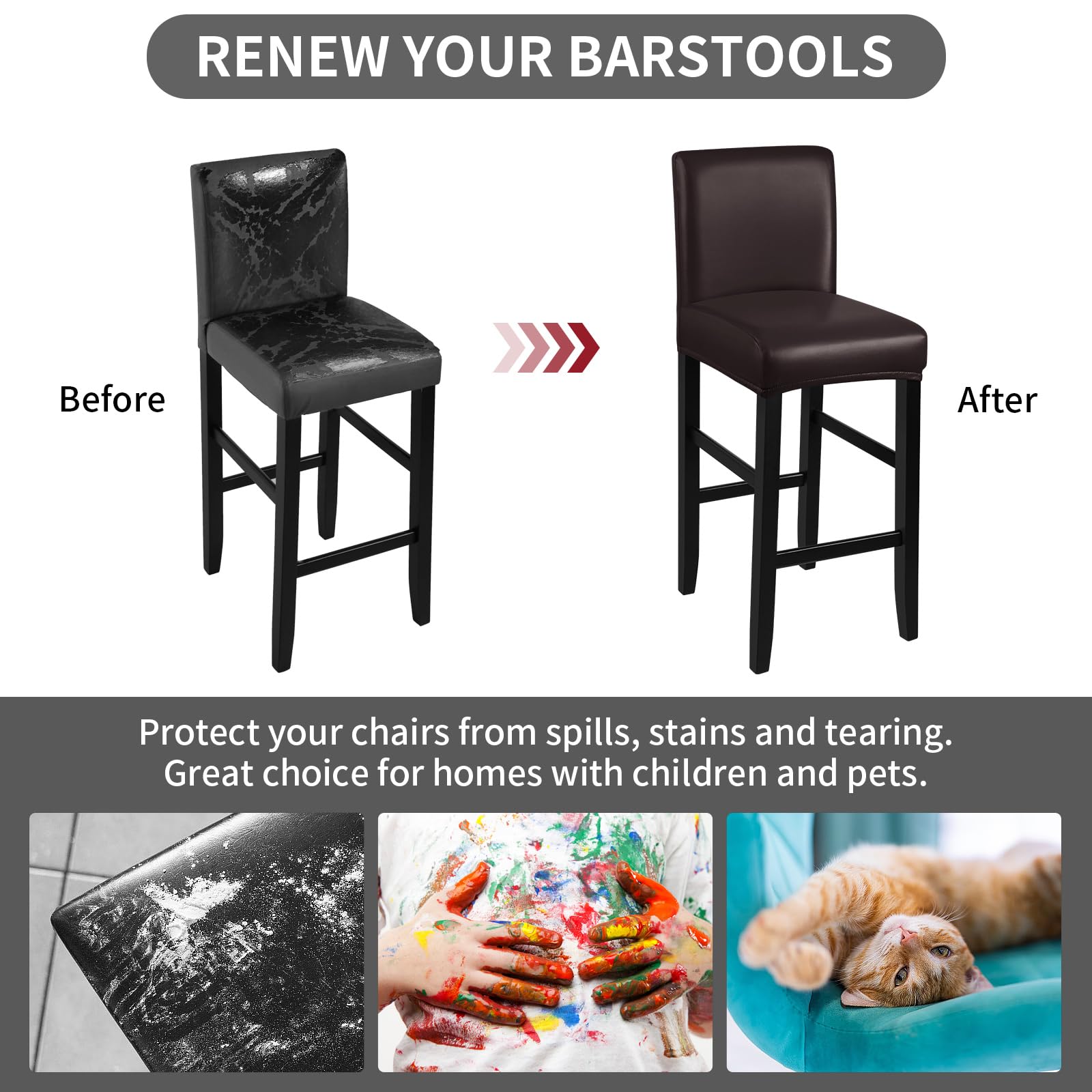 **Waterproof PU Bar Stool Covers 2 Pack - Stretchable, Washable & Removable Slipcovers with Elastic Bands for Kitchen, Dining, or Bar Counter (Coffee Brown) – Perfect for Home, Restaurant, and Cafe Use**