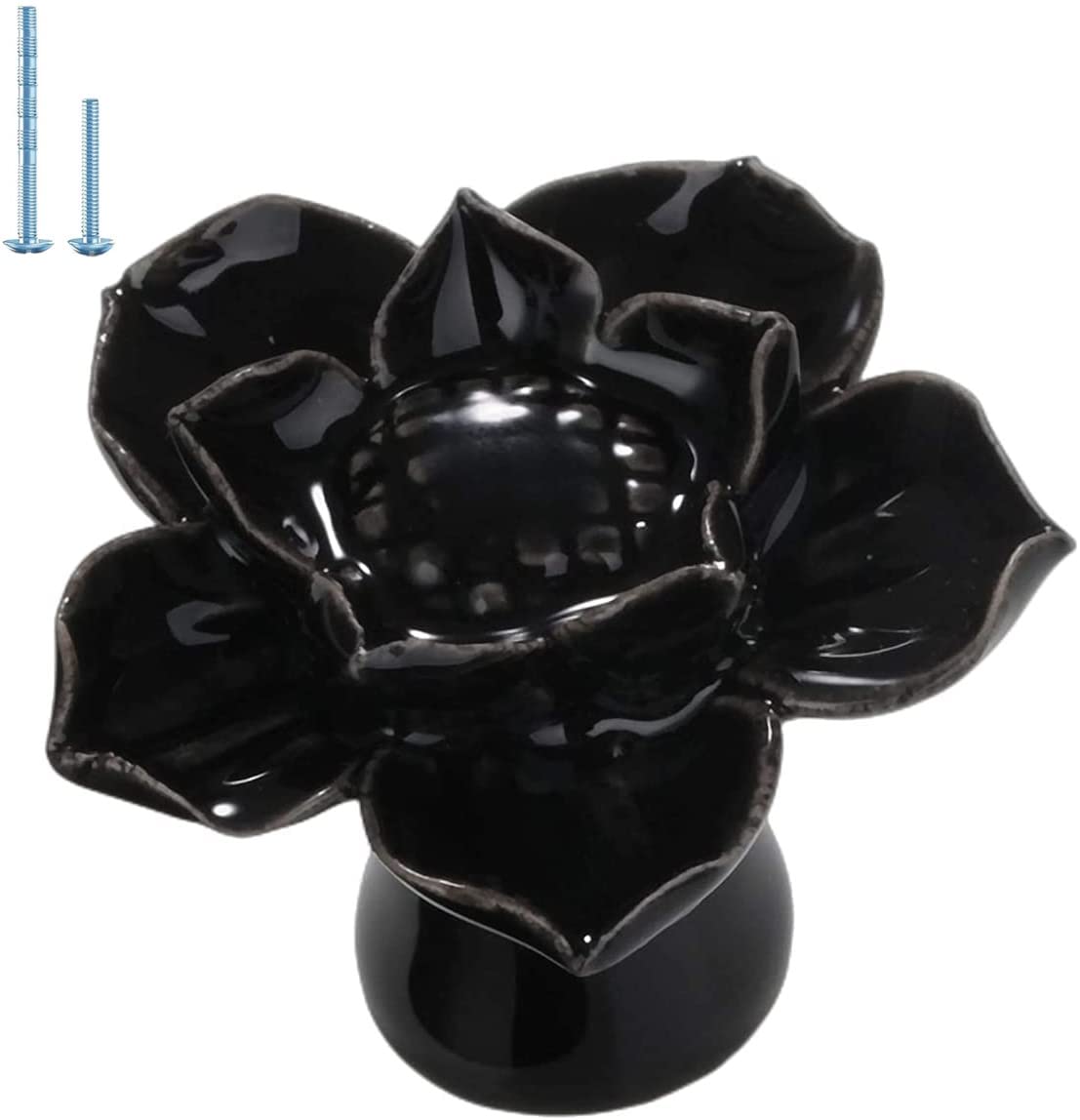 10 Pack Black Ceramic Lotus Flower Cabinet Knobs - Vintage Floral Drawer Pulls with Mounting Screws - Elegant Cupboard Handles for Kitchen, Bathroom & Furniture Upgrade