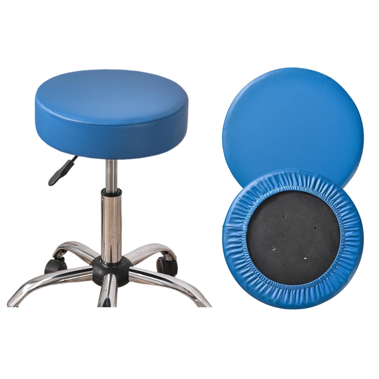 Waterproof Round Bar Stool Covers Set of 2 - PU Leather Stretch Seat Cushion Covers with Non-Slip Bottom for Kitchen, Dining Room & Bar Stools - Blue - Perfect for Home Decor, Restaurant & Cafe Use