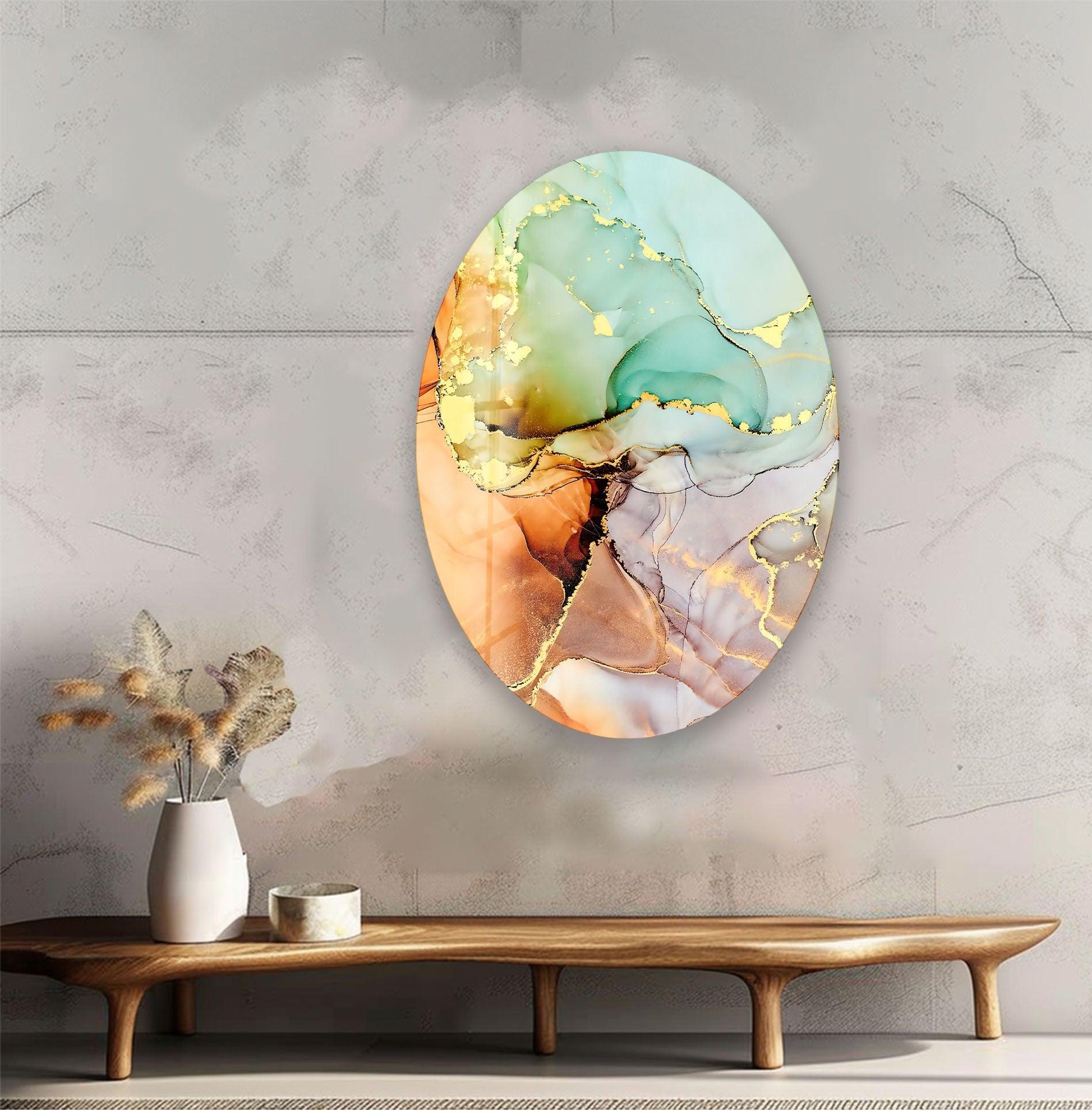 Abstract Golden Marble Glass Wall Art - Modern Asymmetric Oval Design for Living Room, Bedroom & Office Decor | Handmade Contemporary Home Wall Decor