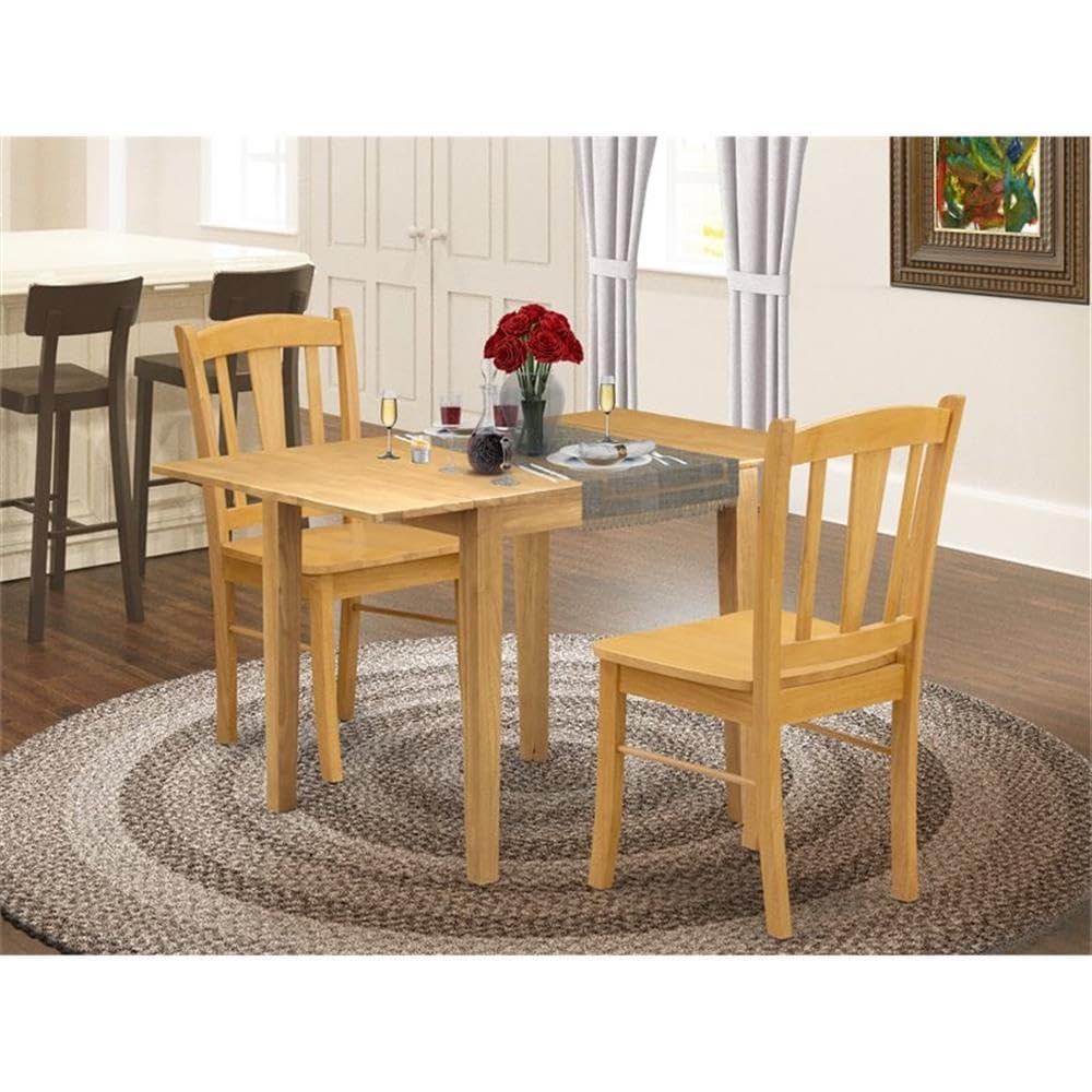 East West Furniture 3-Piece Kitchen Table Set with Drop Leaf - Small Space Dining Table & 2 Chairs, 30x48 Inch, Oak Finish | Perfect for Apartments, Breakfast Nooks & Cozy Dining Areas